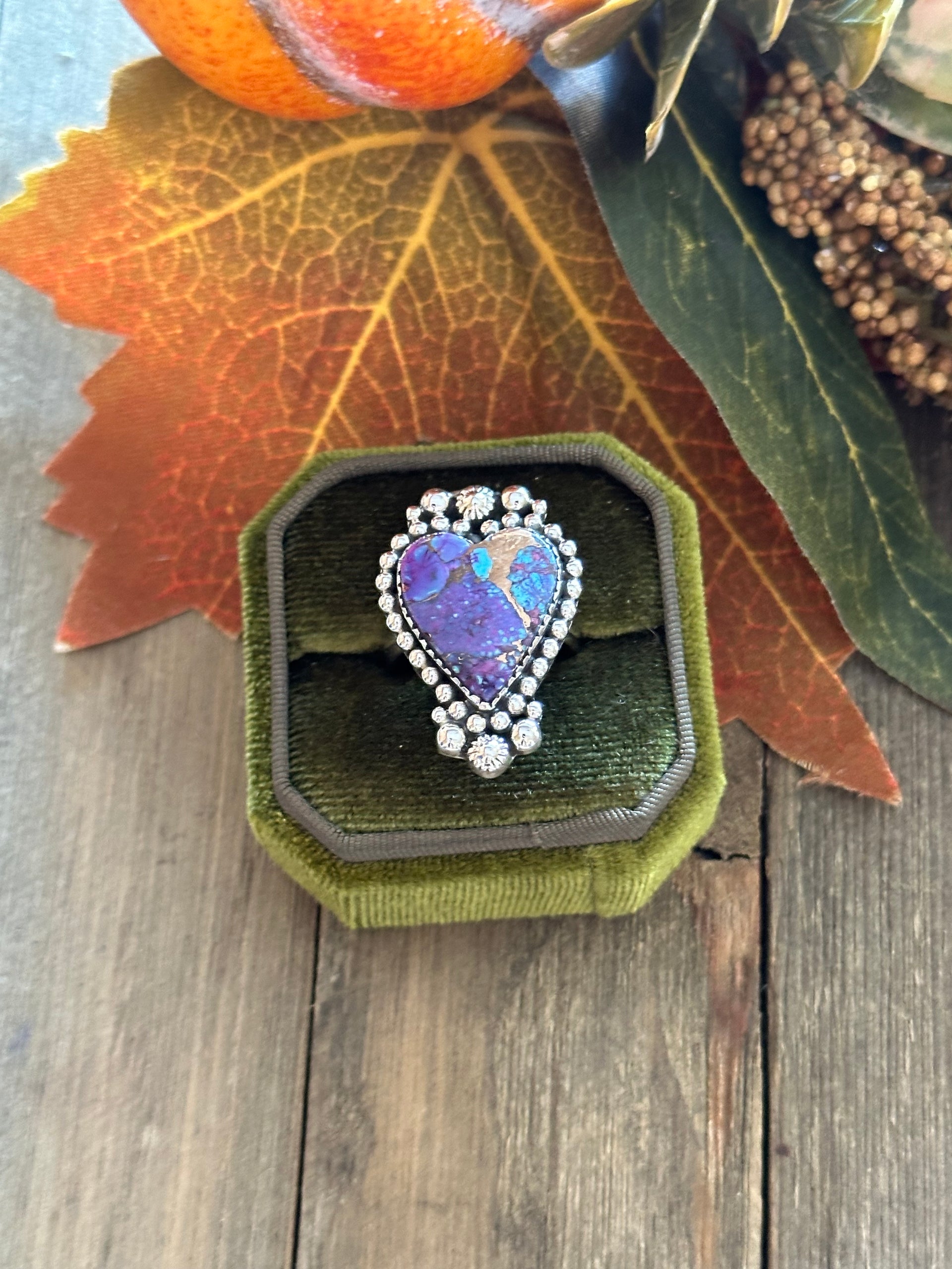 Southwest Handmade Mohave Turquoise & Sterling Silver Heart Ring Size 7.75