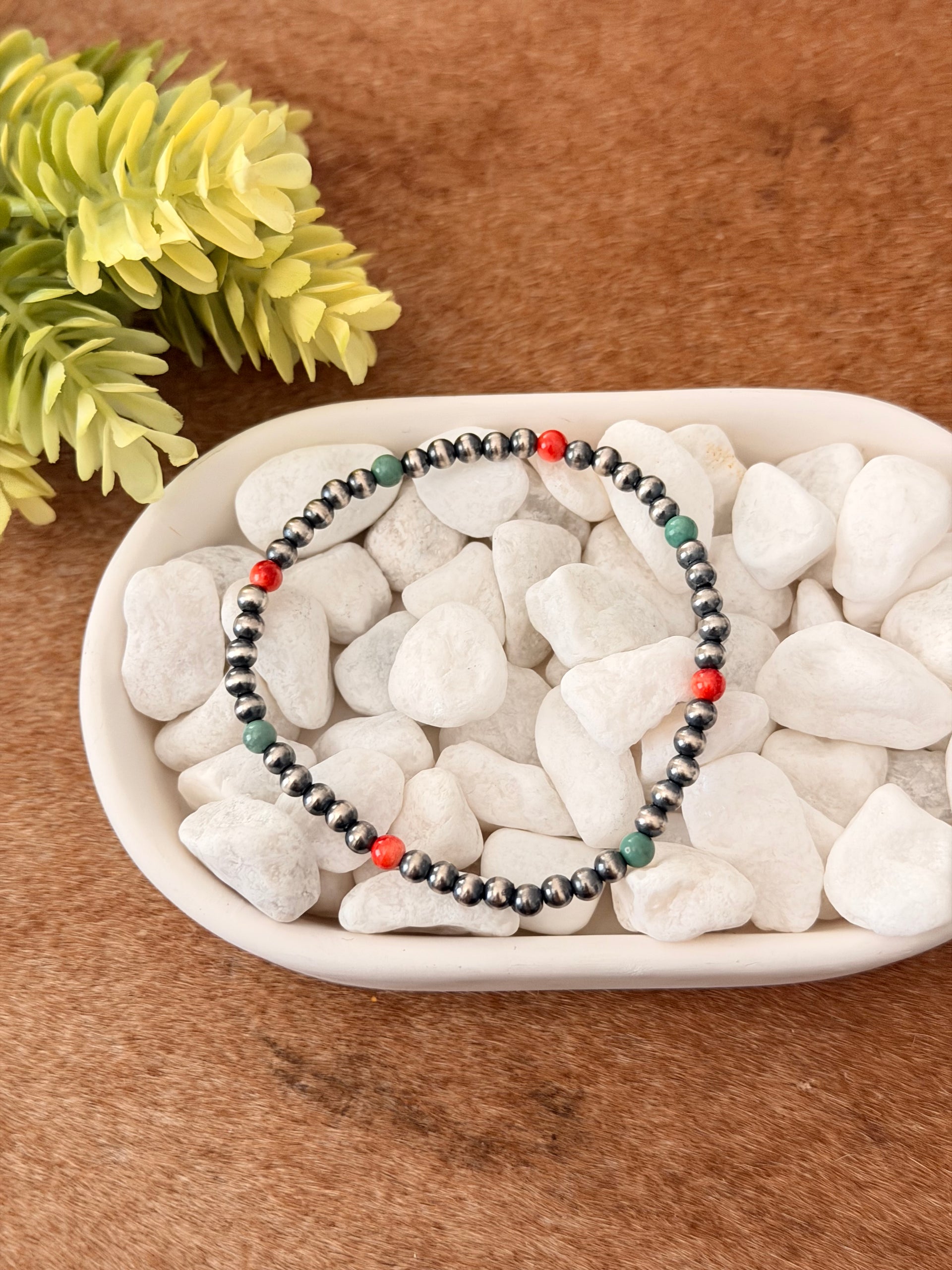Navajo Strung Multi Stone & Sterling Silver Stretch Beaded Bracelet