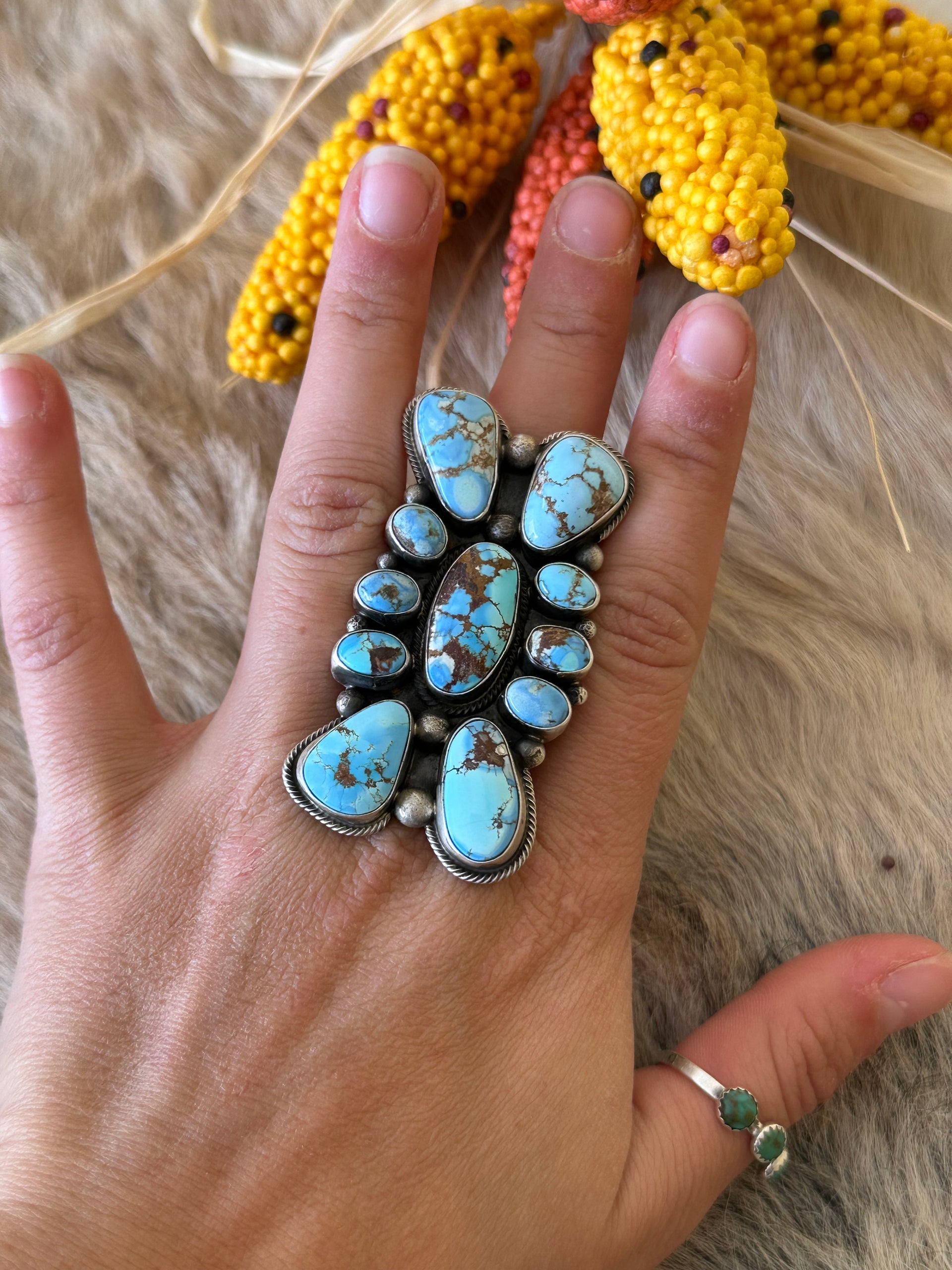 Shelia Becenti Golden Hills Turquoise& Sterling Silver Ring Size 8.5