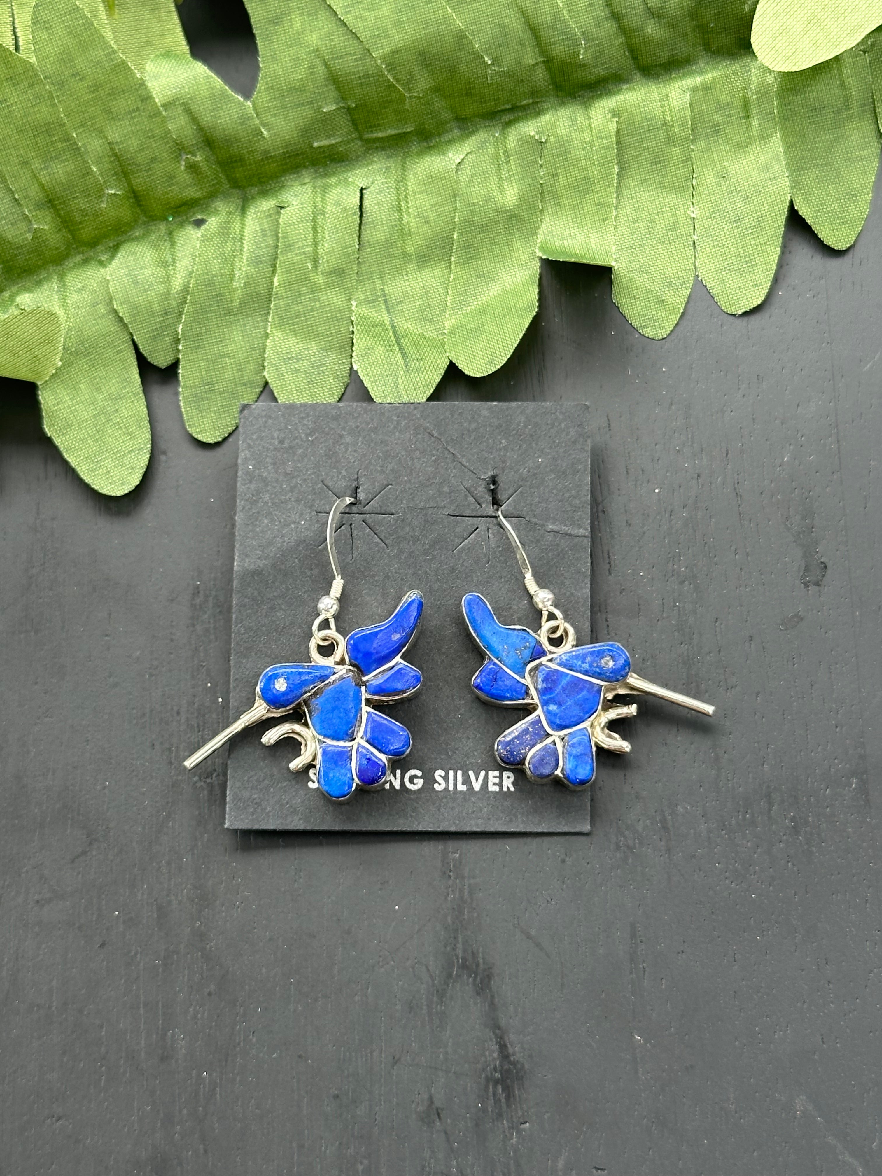 Zuni Made Lapis & Sterling Silver Hummingbird Dangle Earrings