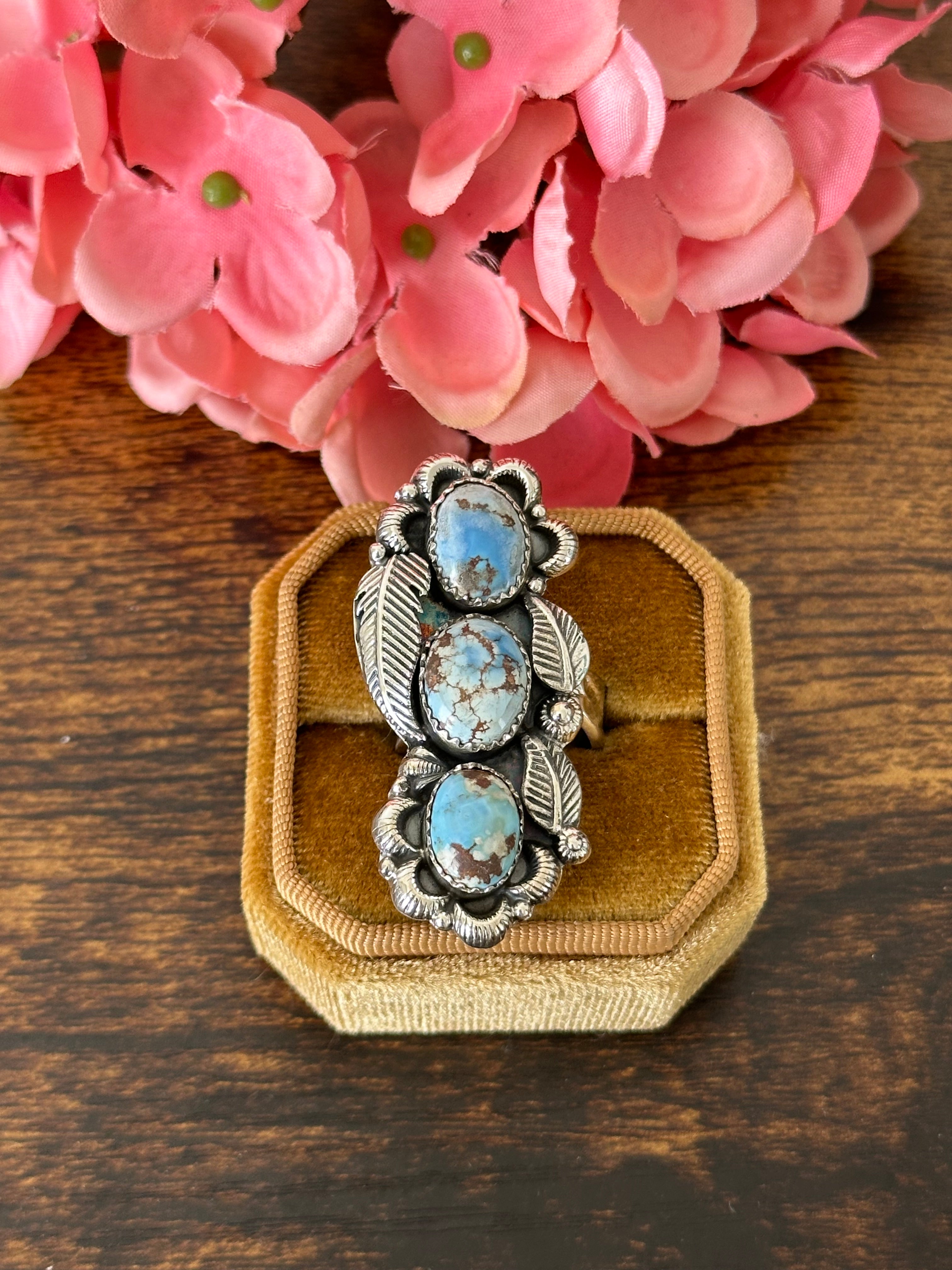 Southwest Handmade Golden Hills Turquoise & Sterling Silver Cluster Adjustable Ring