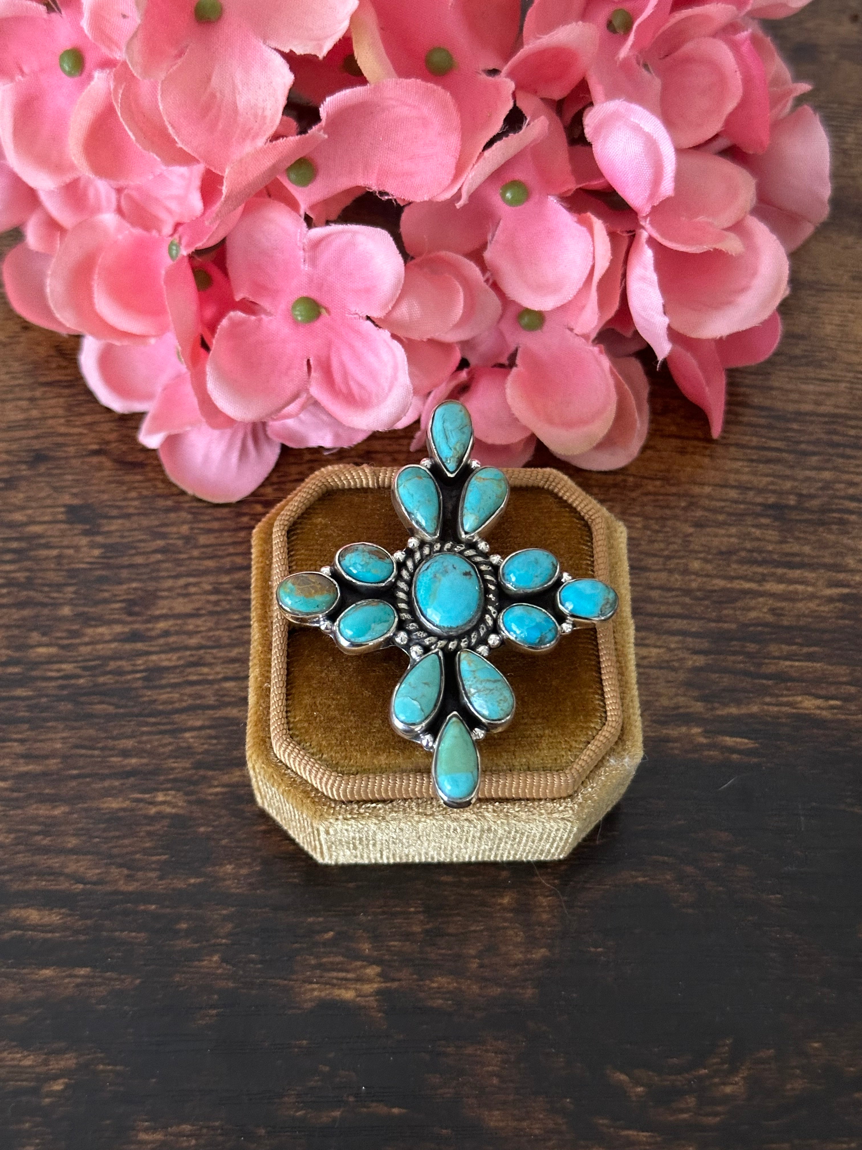 Southwest Handmade Kingman Turquoise & Sterling Silver Cluster Adjustable Ring