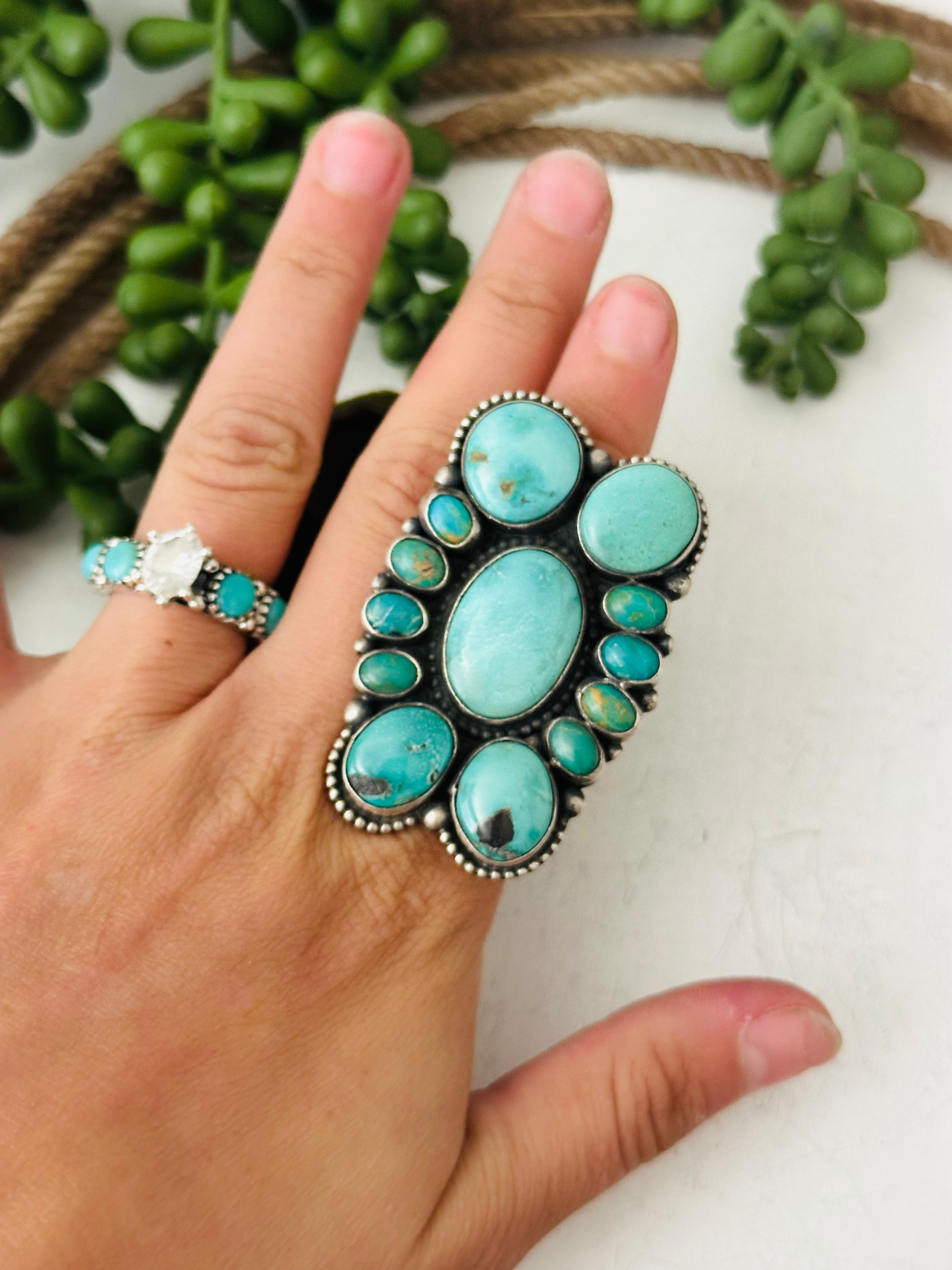 Sheila Tso Carico Lake Turquoise Sterling Silver Cluster Ring Size 6.25