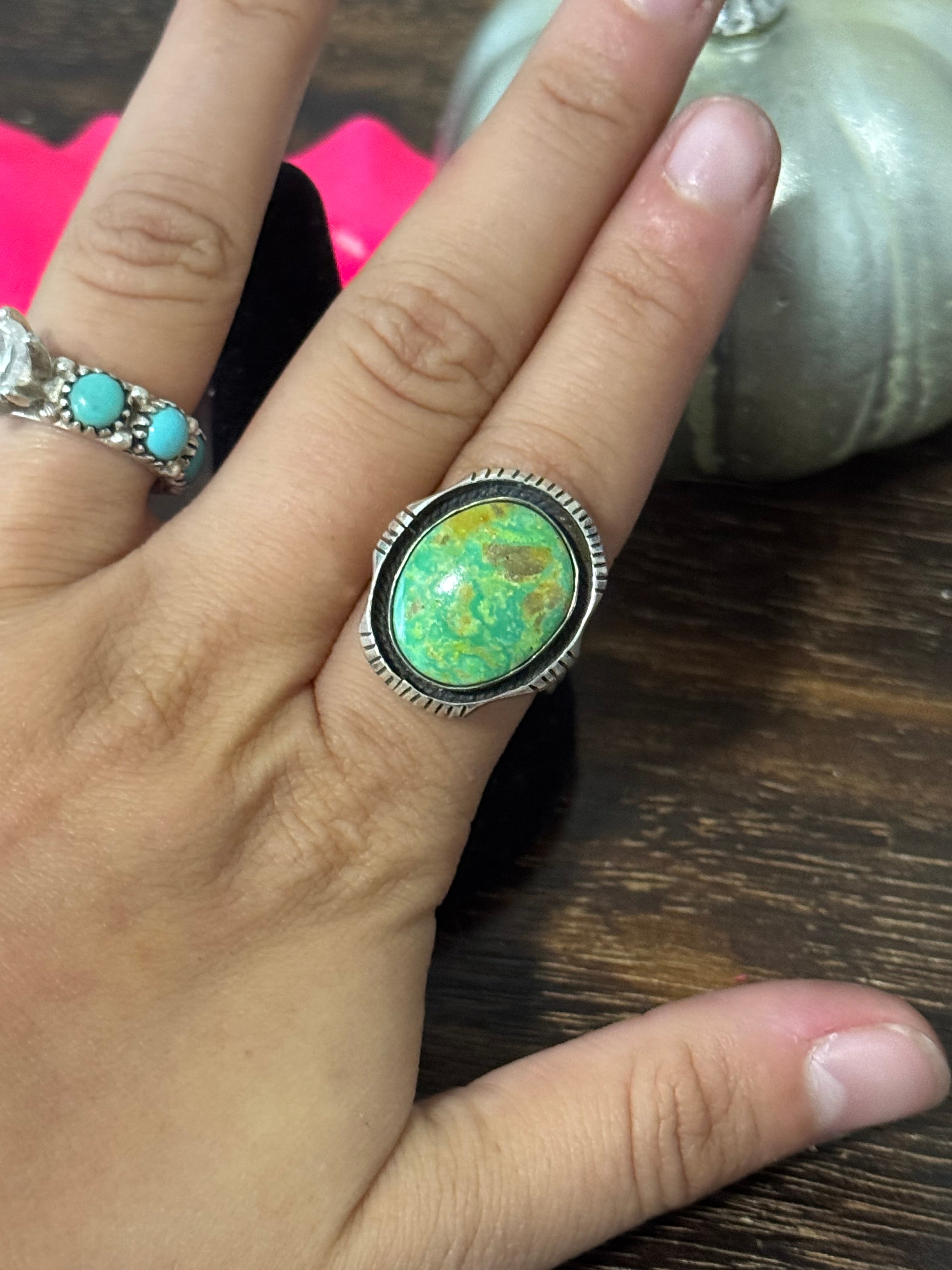 Southwest Handmade Pixie Turquoise & Sterling Silver Ring Size 8.75