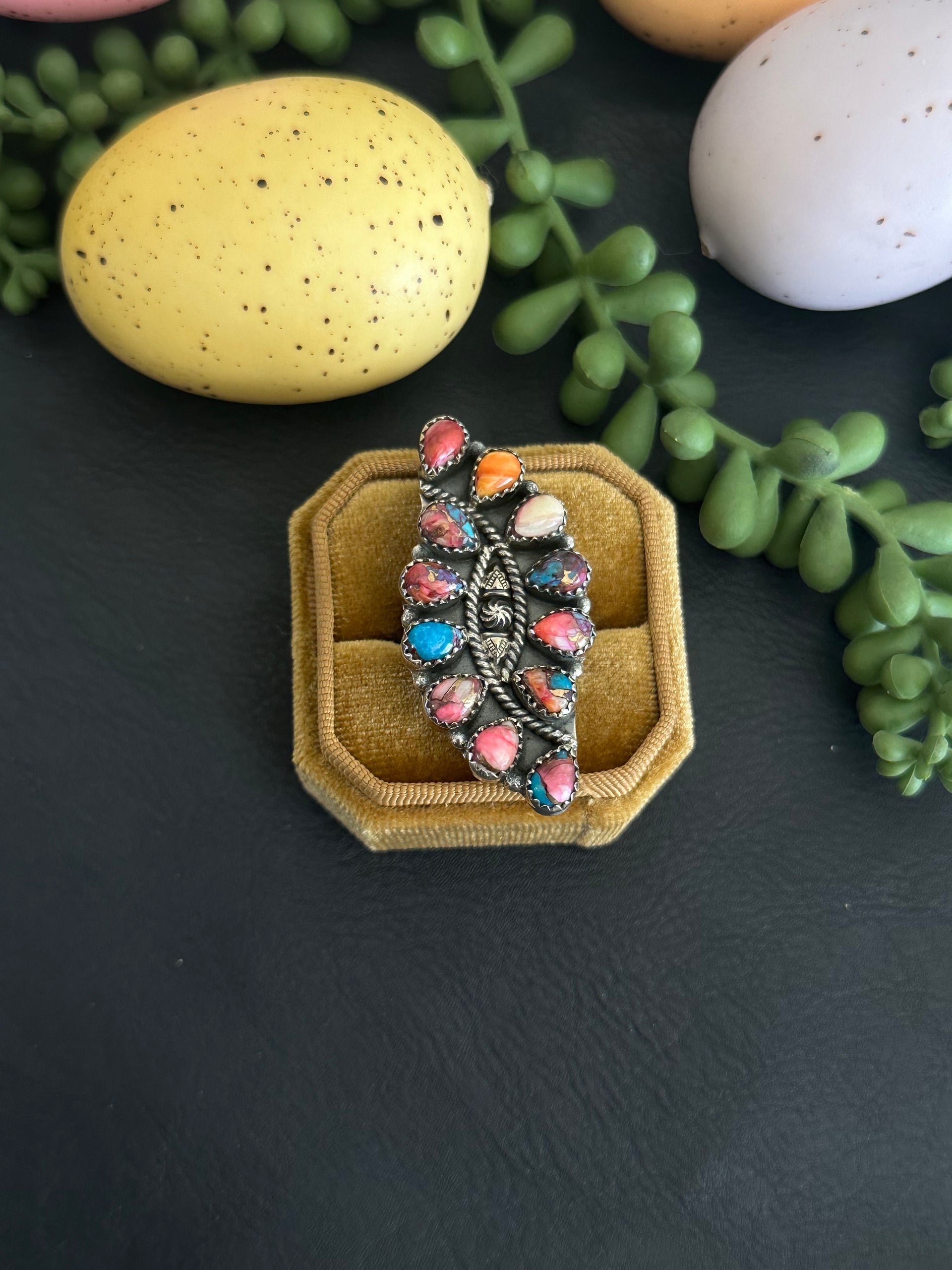 TTD “Twin Flame” Mohave Turquoise & Sterling Silver Adjustable Cluster Ring