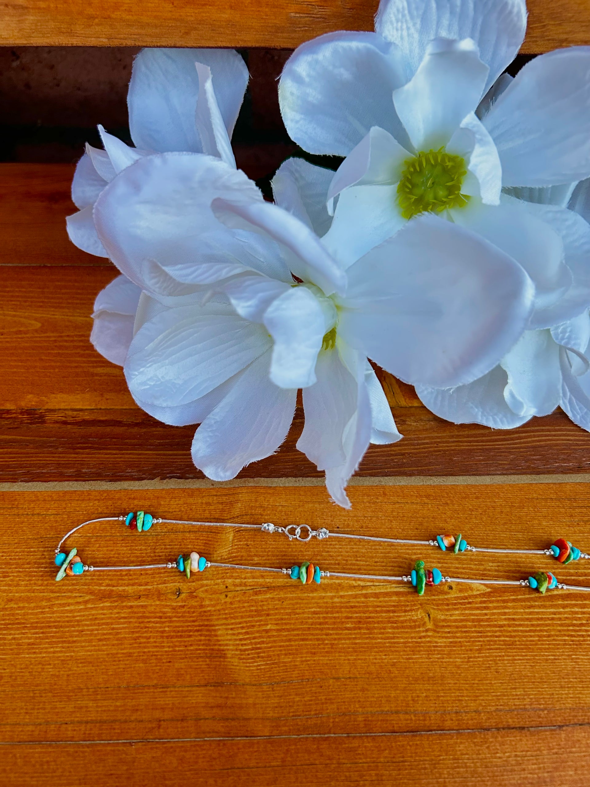 Navajo Strung Multi Stone & Sterling Silver Cluster Necklace