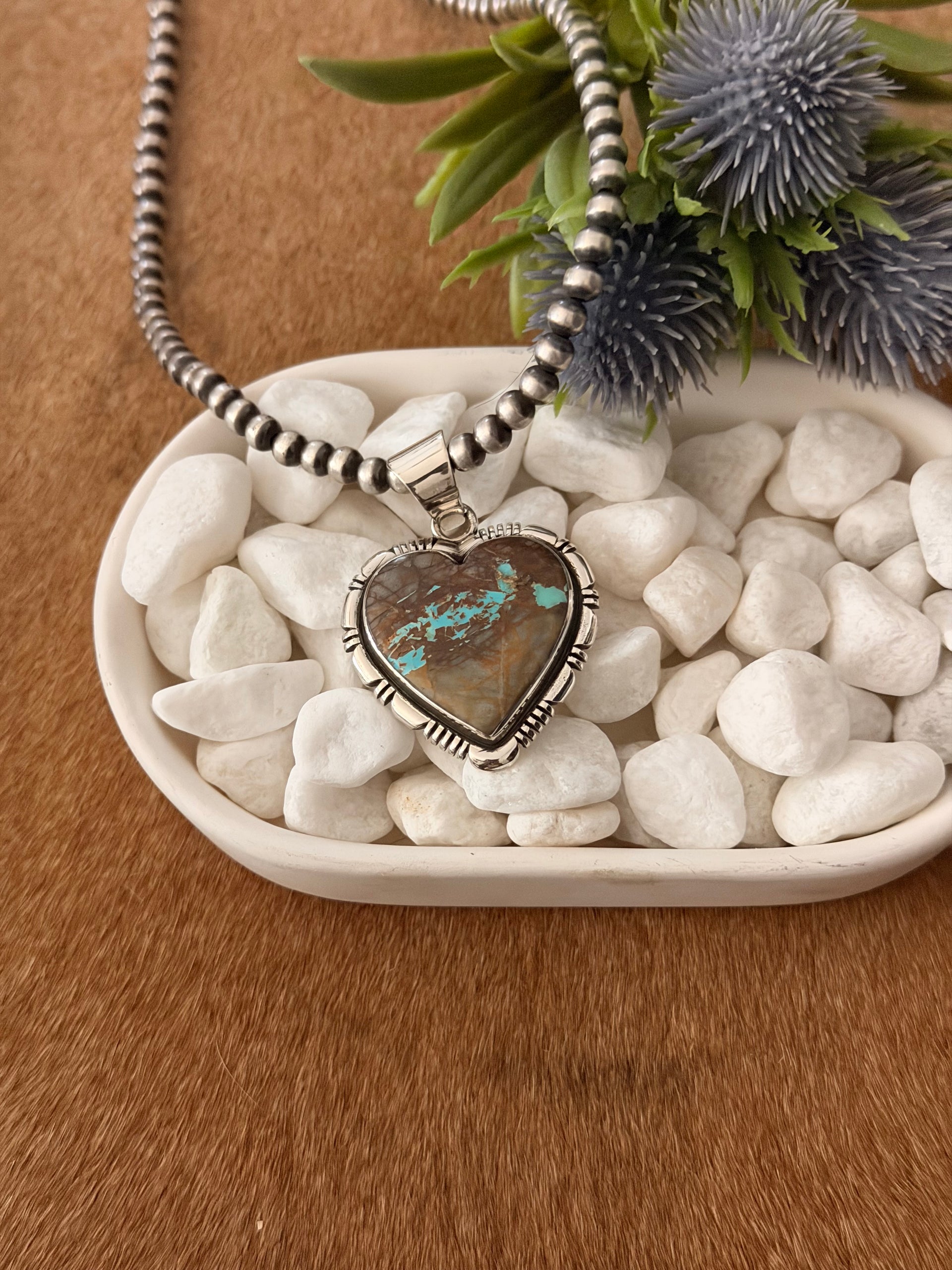 Navajo Made Royston Turquoise & Sterling Silver Heart Pendant