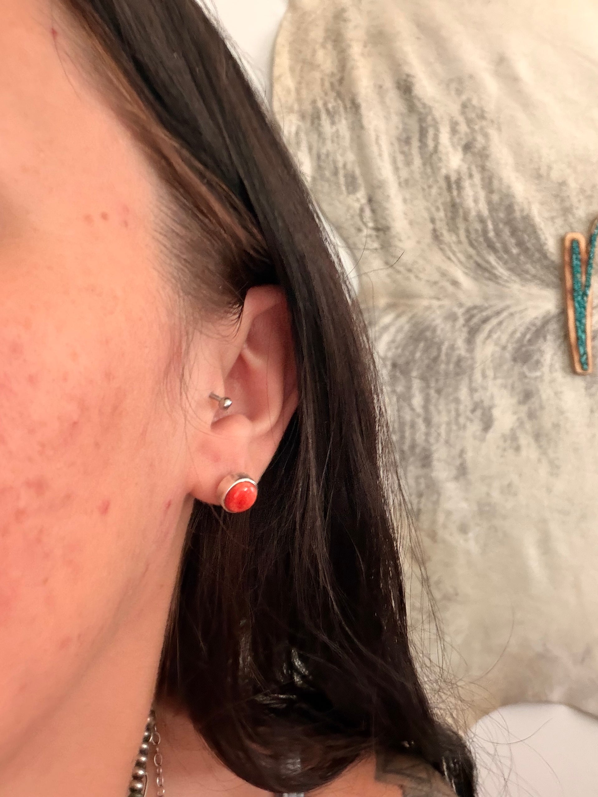 Navajo Made Spiny Oyster & Sterling Silver Post Earrings