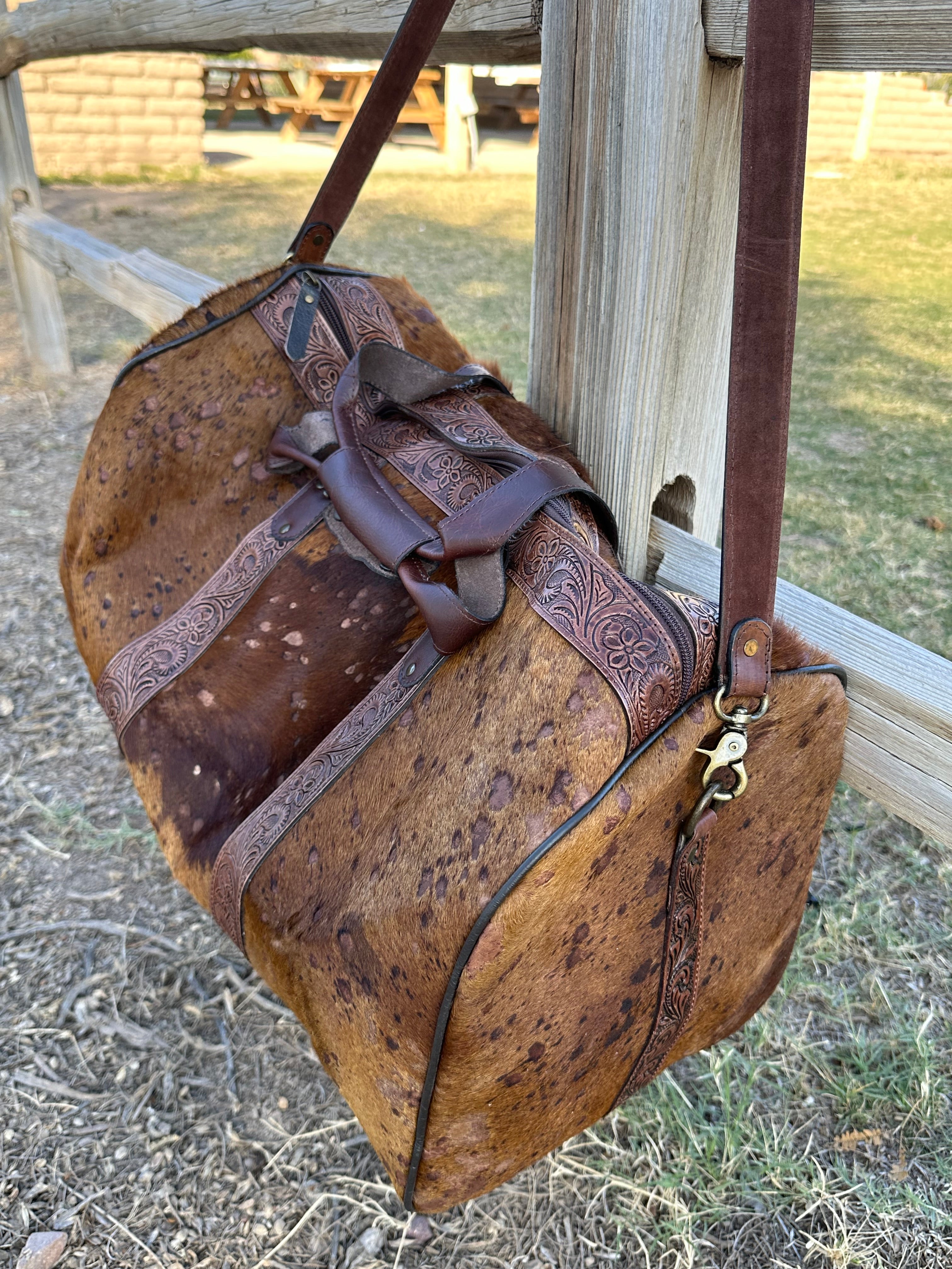 Genuine Tooled Leather Cowhide Duffle Bag