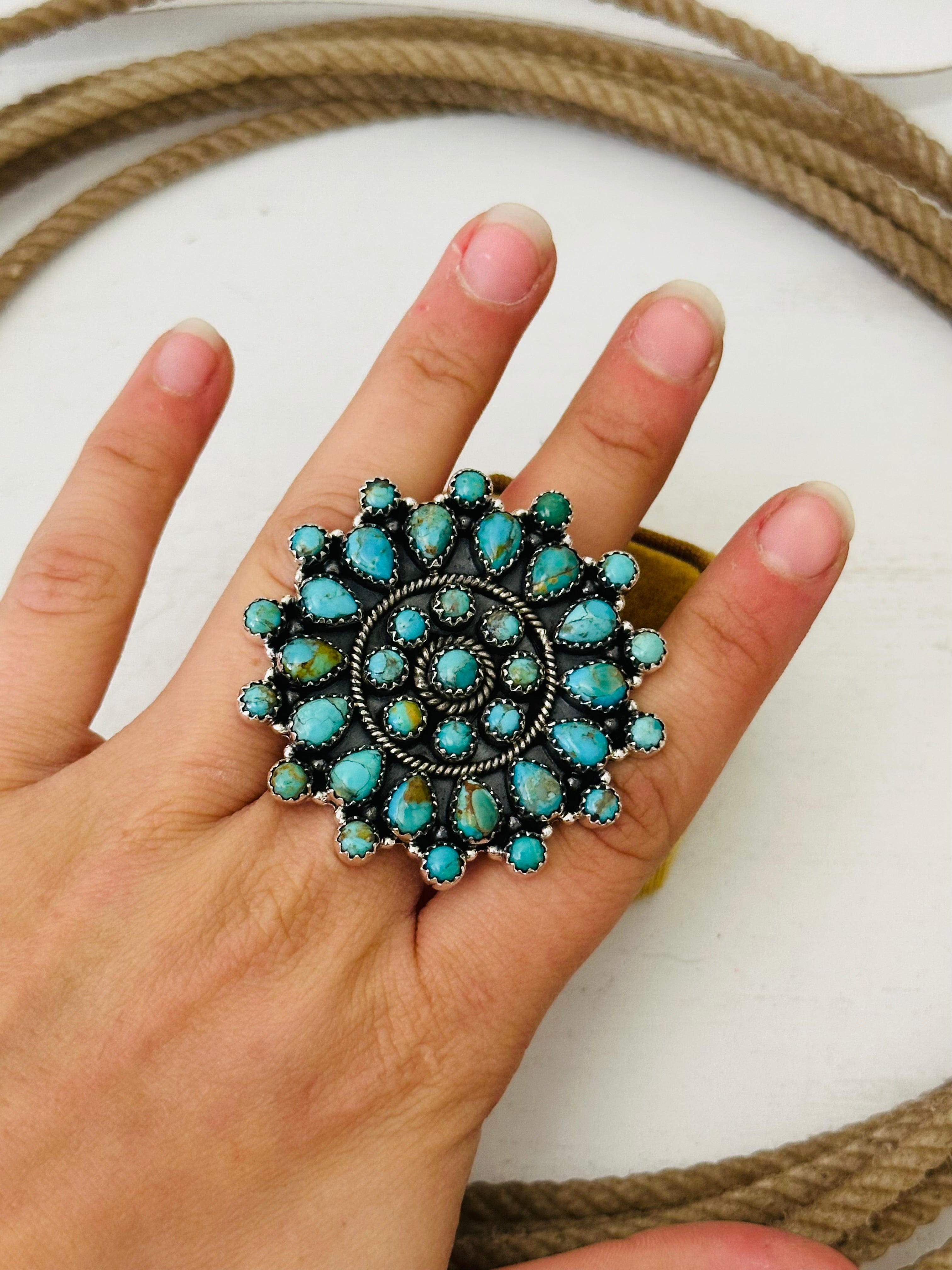 Southwest Handmade Kingman Turquoise & Sterling Silver Adjustable Cluster Ring