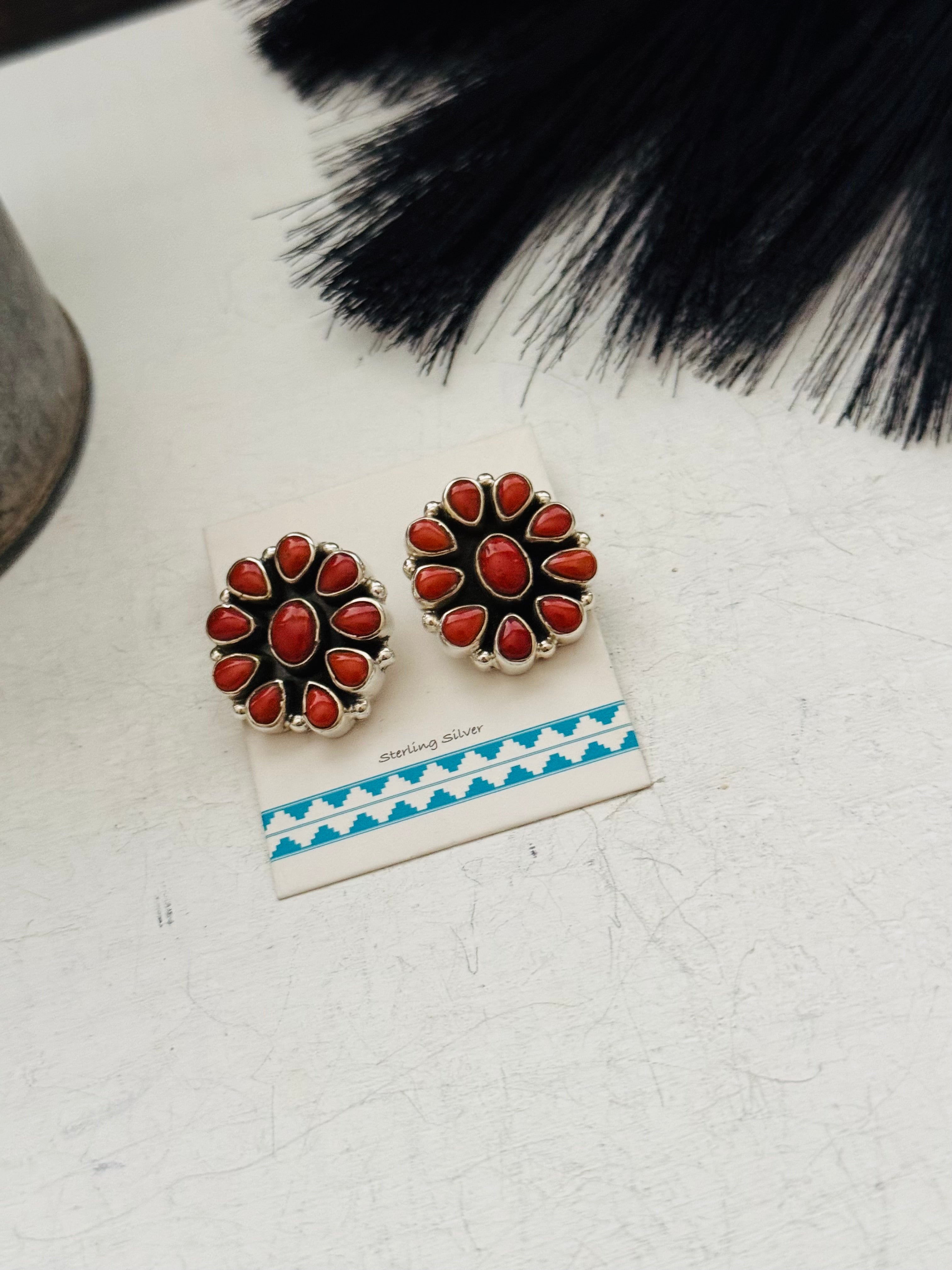 Southwest Handmade Red Coral & Sterling Silver Post Earrings