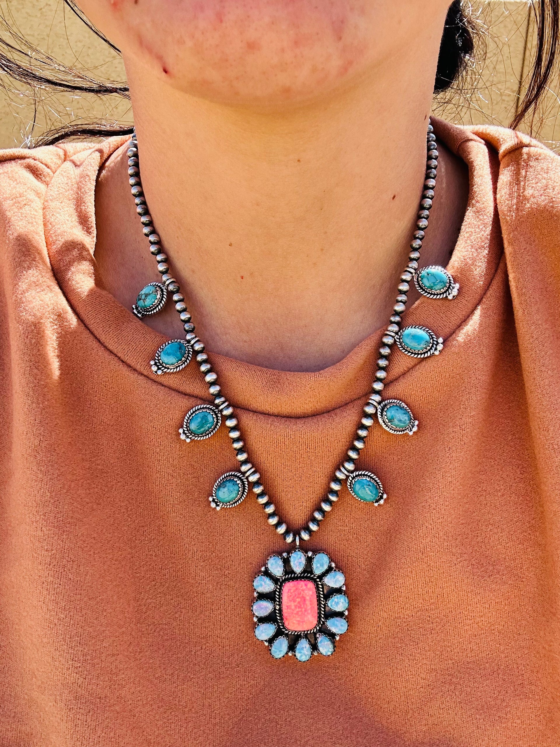 Southwest Handmade Multi Stone & Sterling Silver Cluster Necklace