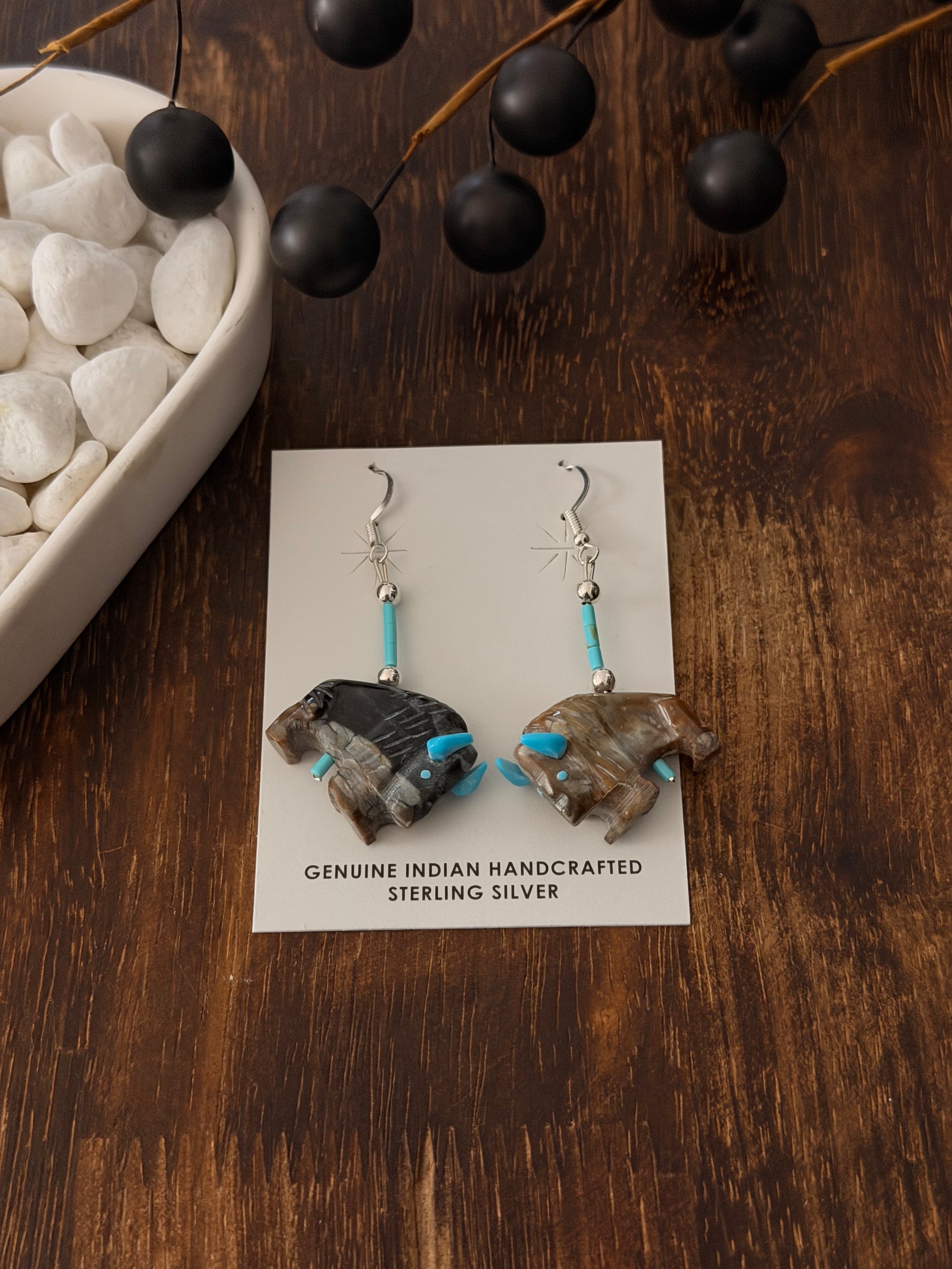 Zuni Fetish Multi Stone & Sterling Silver Dangle Earrings