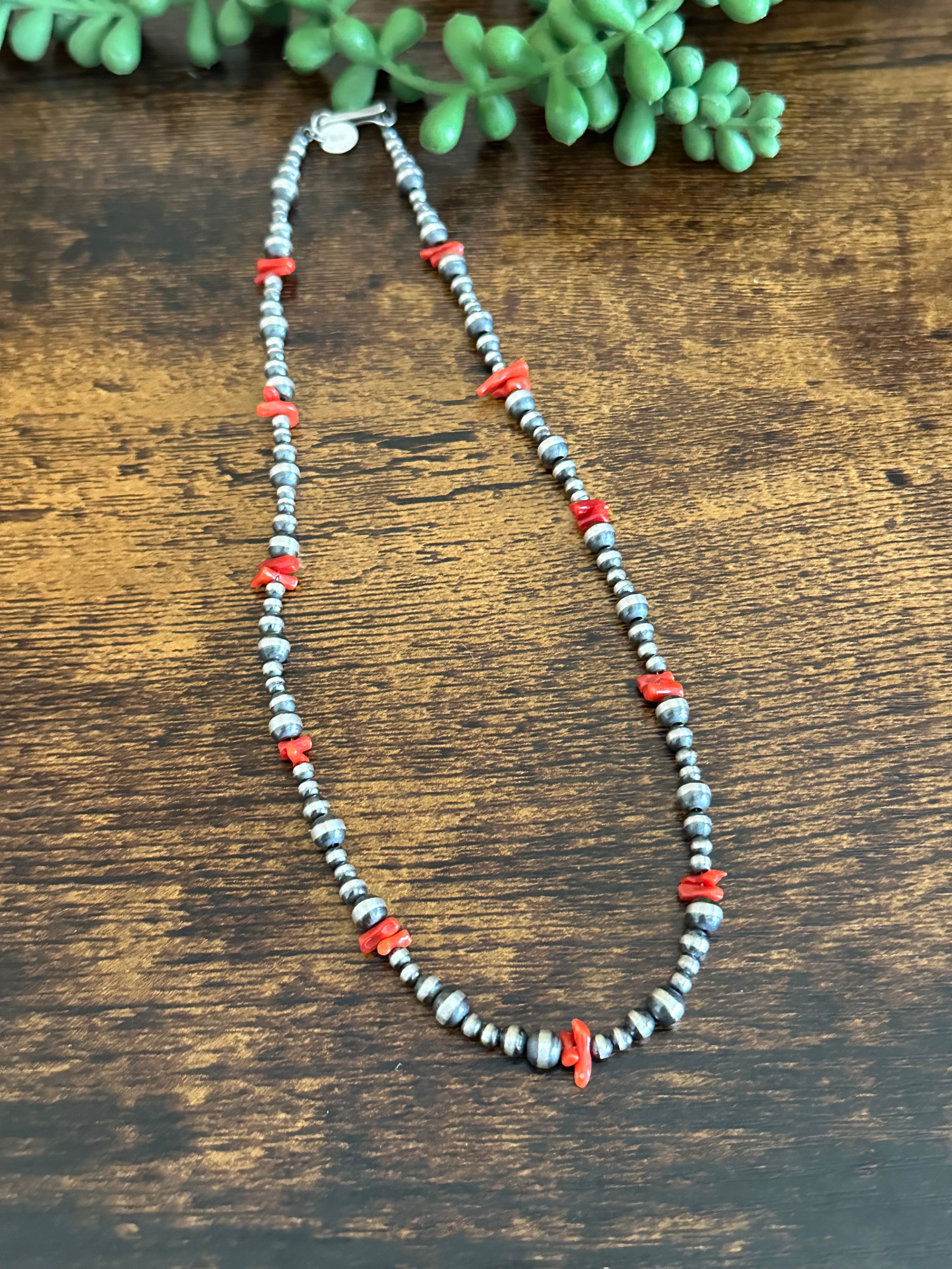 Navajo Strung Red Coral & Sterling Silver Graduated Pearls Beaded Necklace