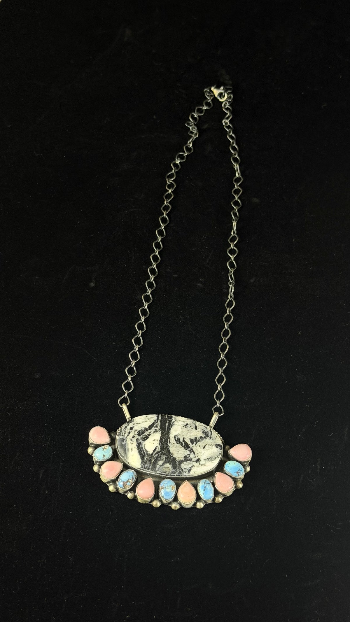 Navajo Made Multi Stone & Sterling Silver Cluster Necklace