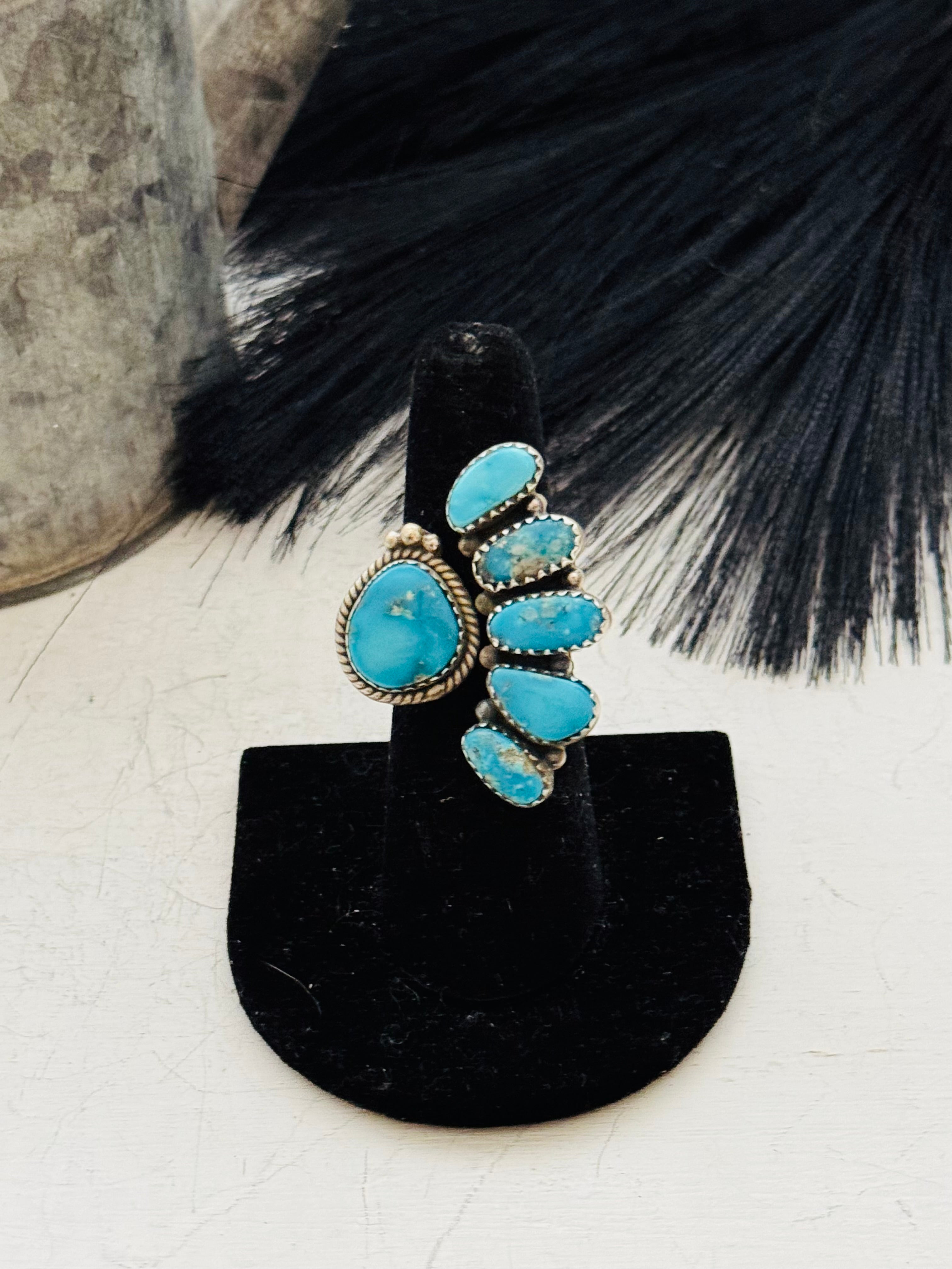 Southwest Handmade Valley Blue Turquoise & Sterling Silver Adjustable Cluster Ring