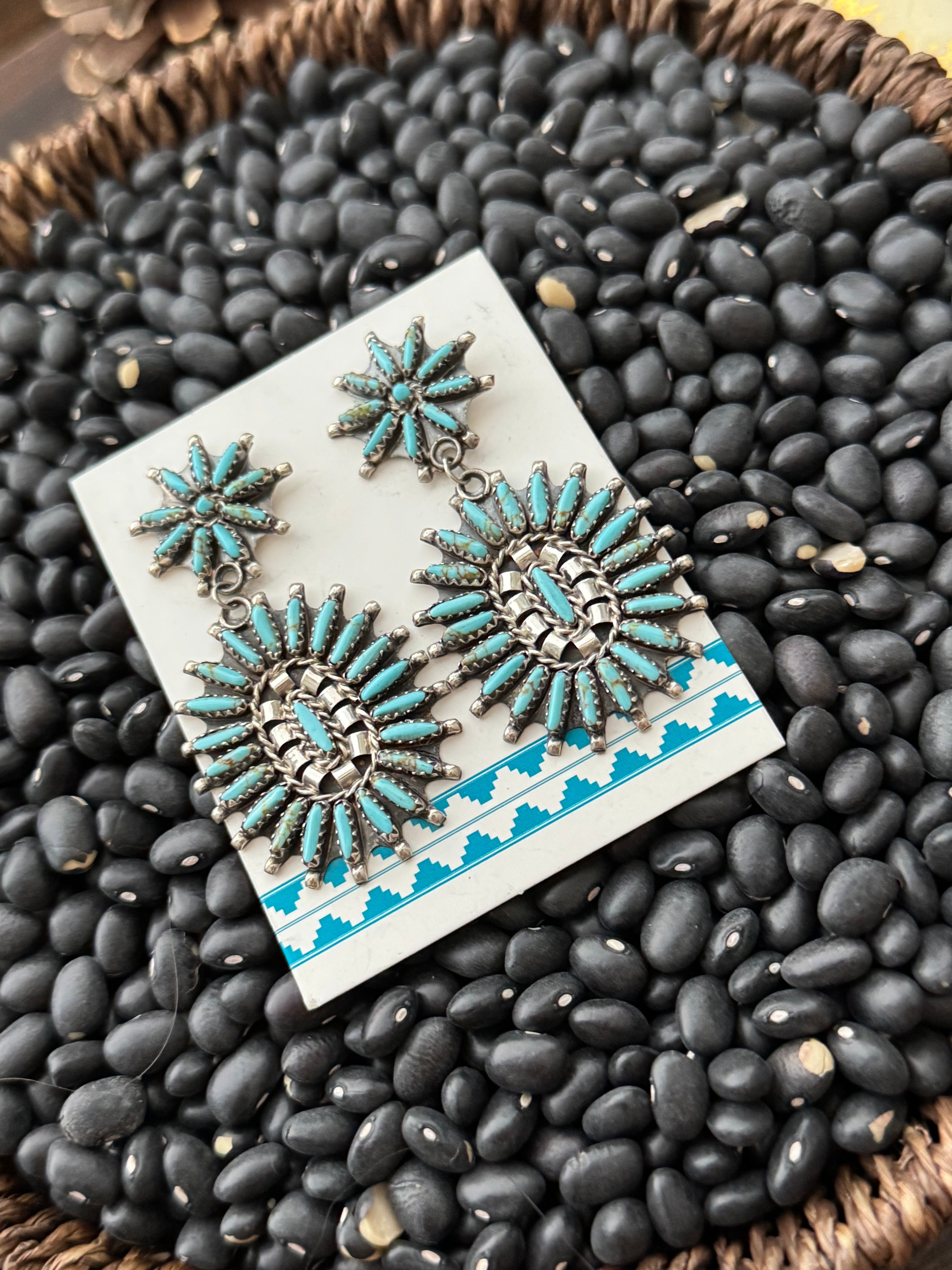 Leander Nez Kingman Turquoise & Sterling Silver Needlepoint Post Dangle Earrings