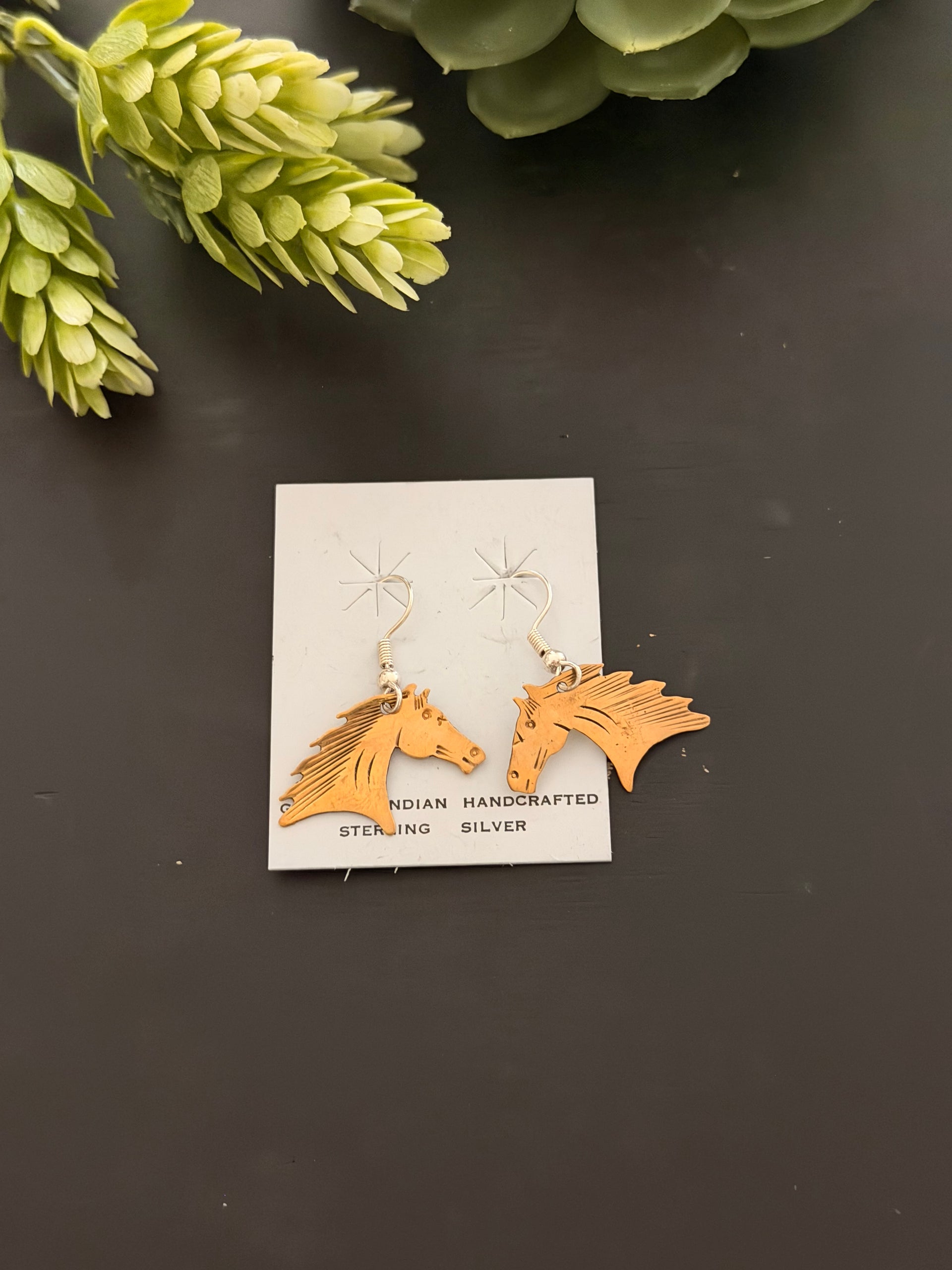 Navajo Made Copper & Sterling Silver Dangle Horse Earrings