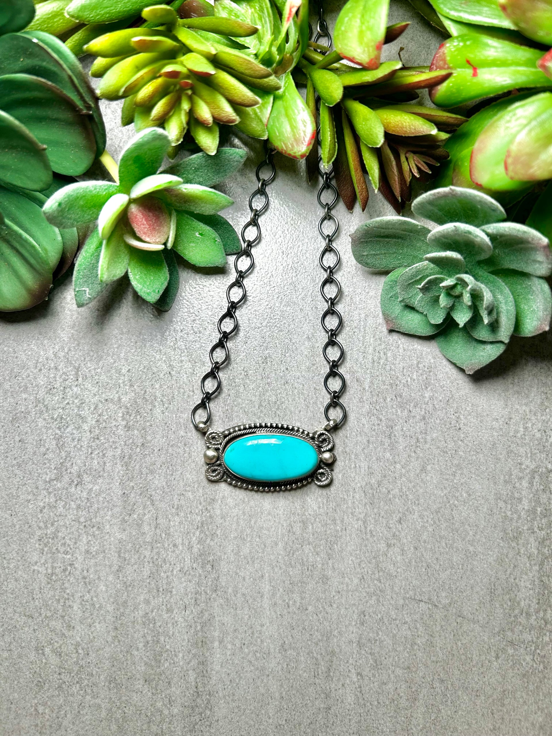 Navajo Made Kingman Turquoise & Sterling Silver Necklace