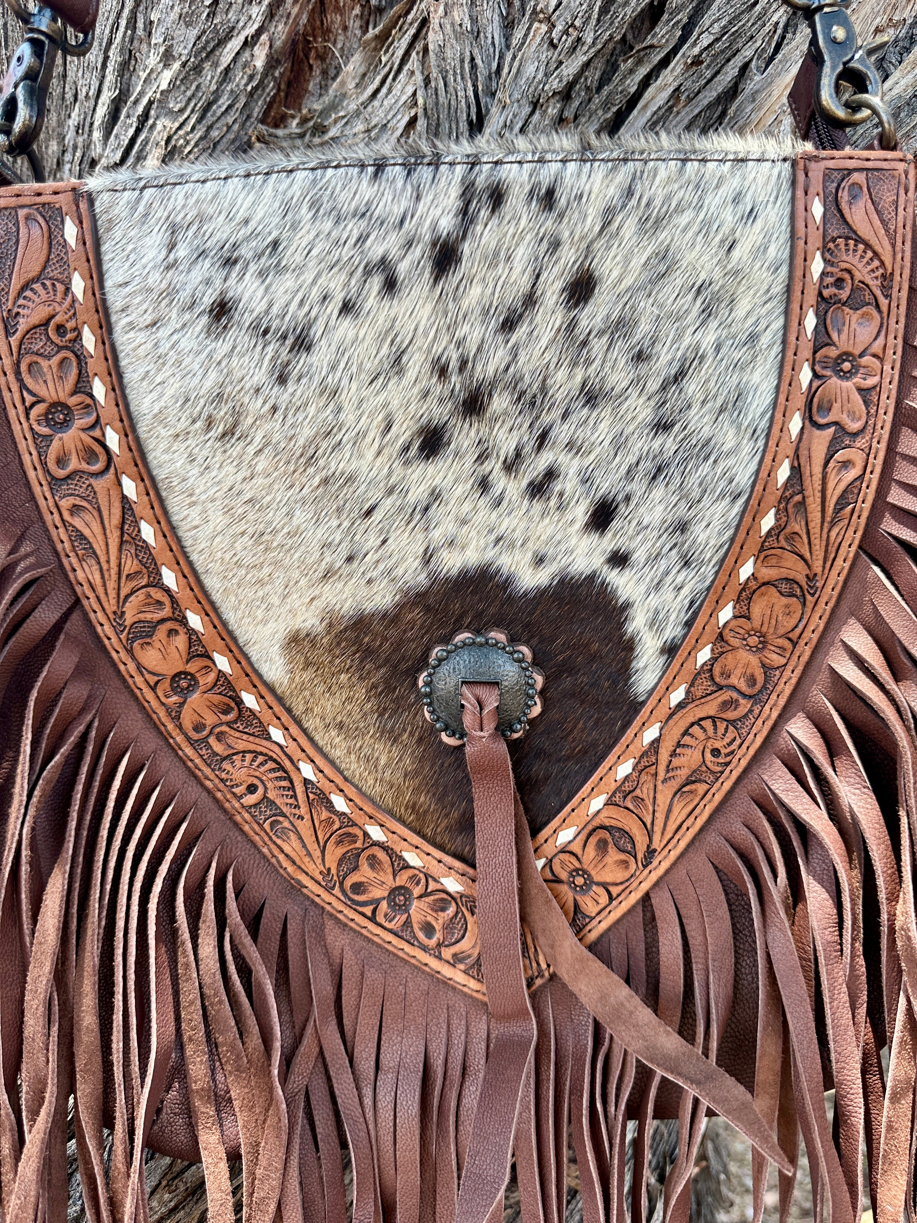 Genuine Tooled Leather & Cowhide Fringe Purse