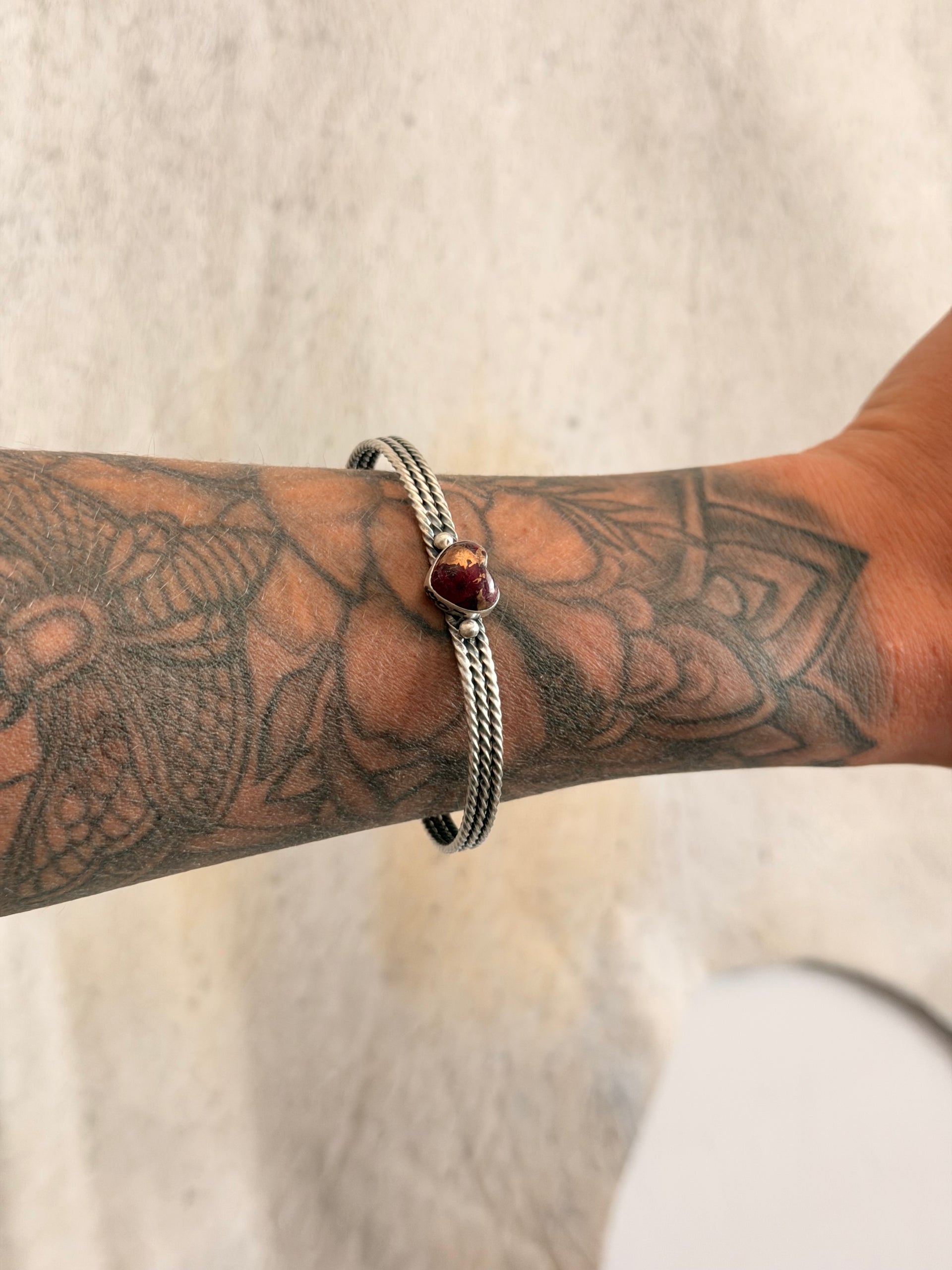 Navajo Made Rose Dahlia & Sterling Silver Heart Cuff Bracelet