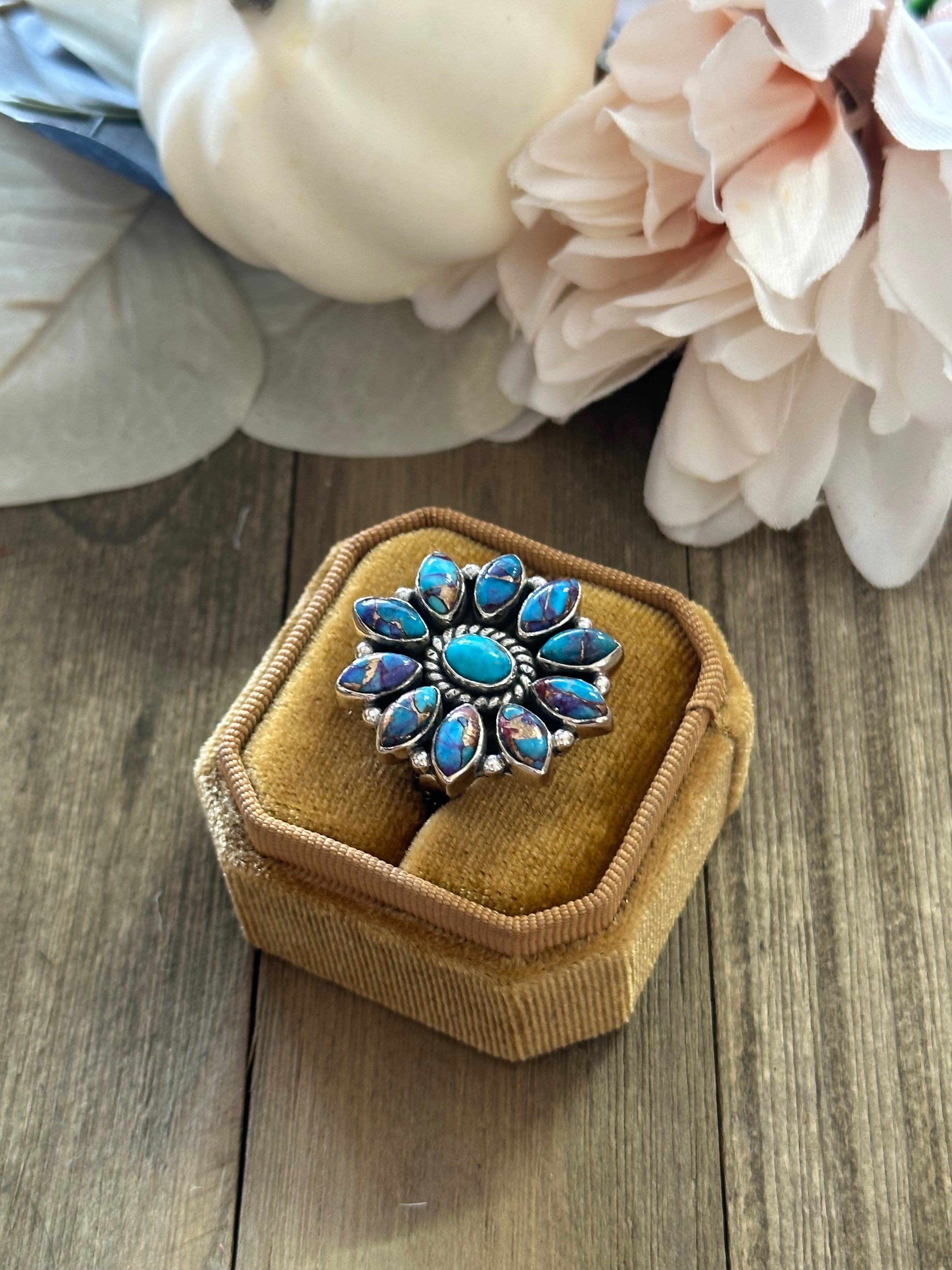 Southwest Handmade Mohave Turquoise & Sterling Silver Adjustable Cluster Ring