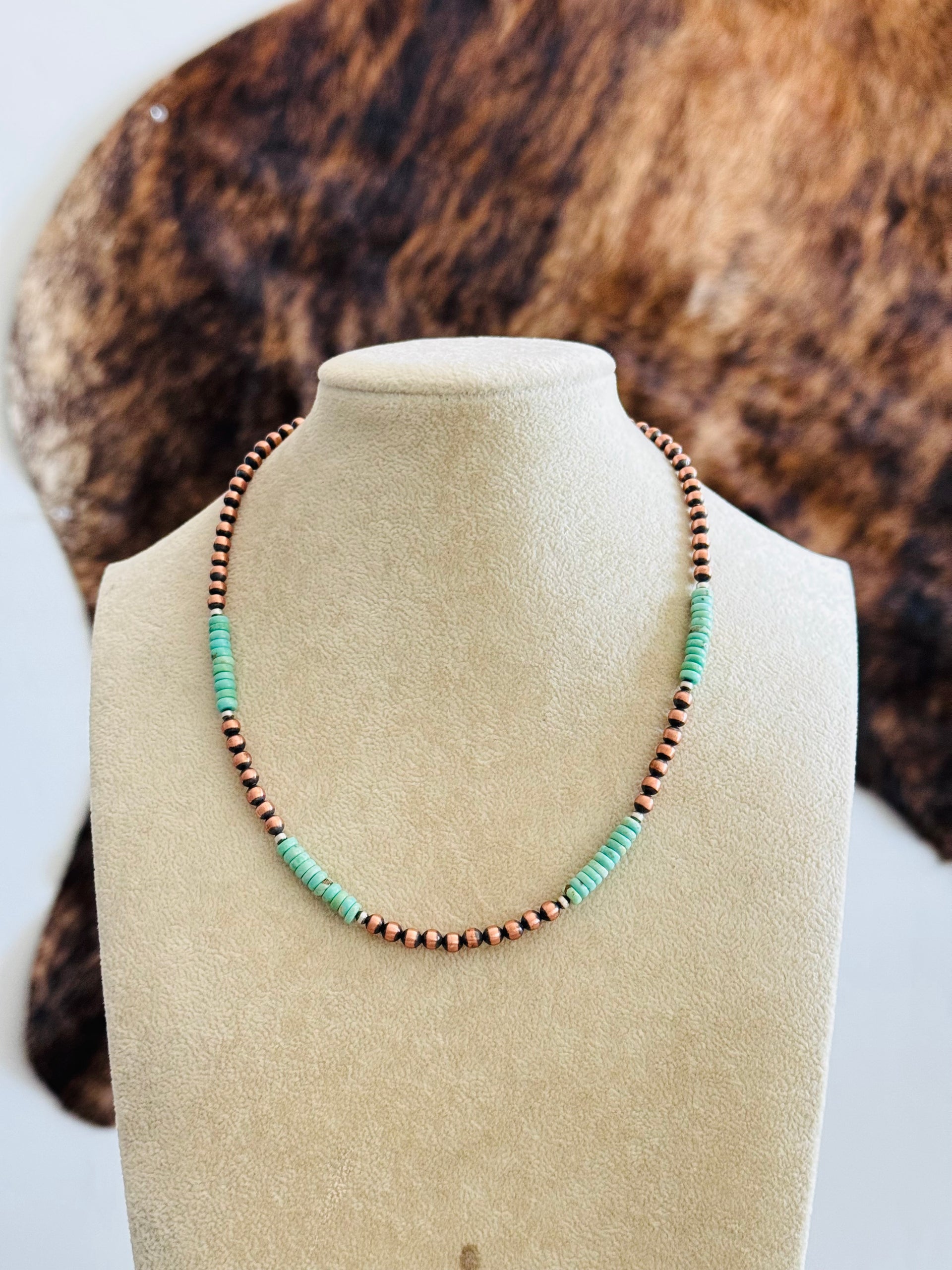 Navajo Strung Kingman Turquoise & Copper Pearls Beaded Necklace