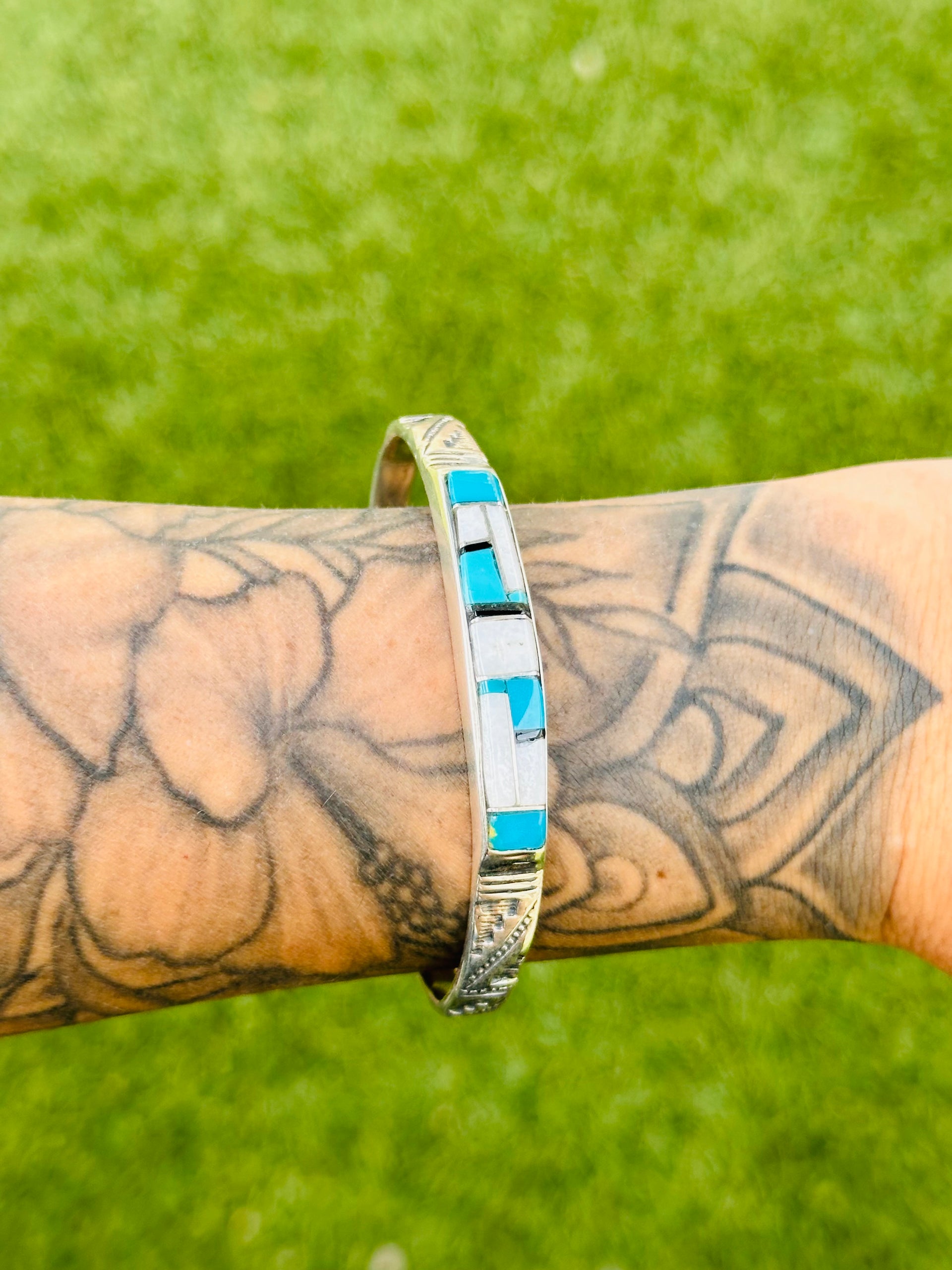 Navajo Made Multi Stone & Sterling Silver Inlay Cuff Bracelet