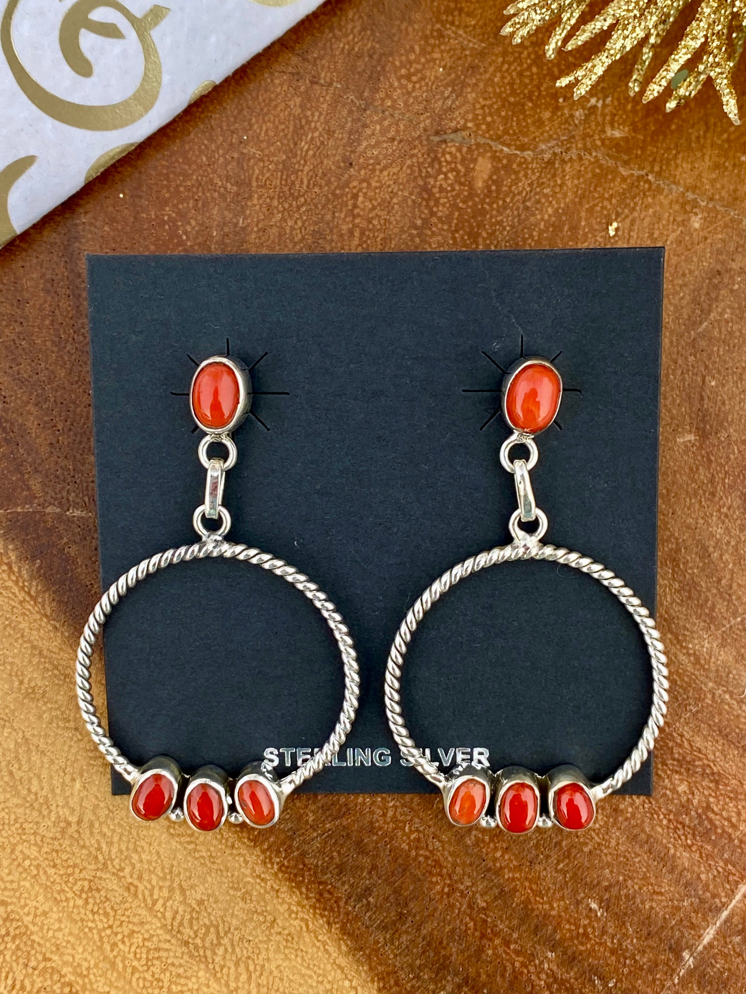 Southwest Handmade Coral & Sterling Silver Post Dangle Earrings