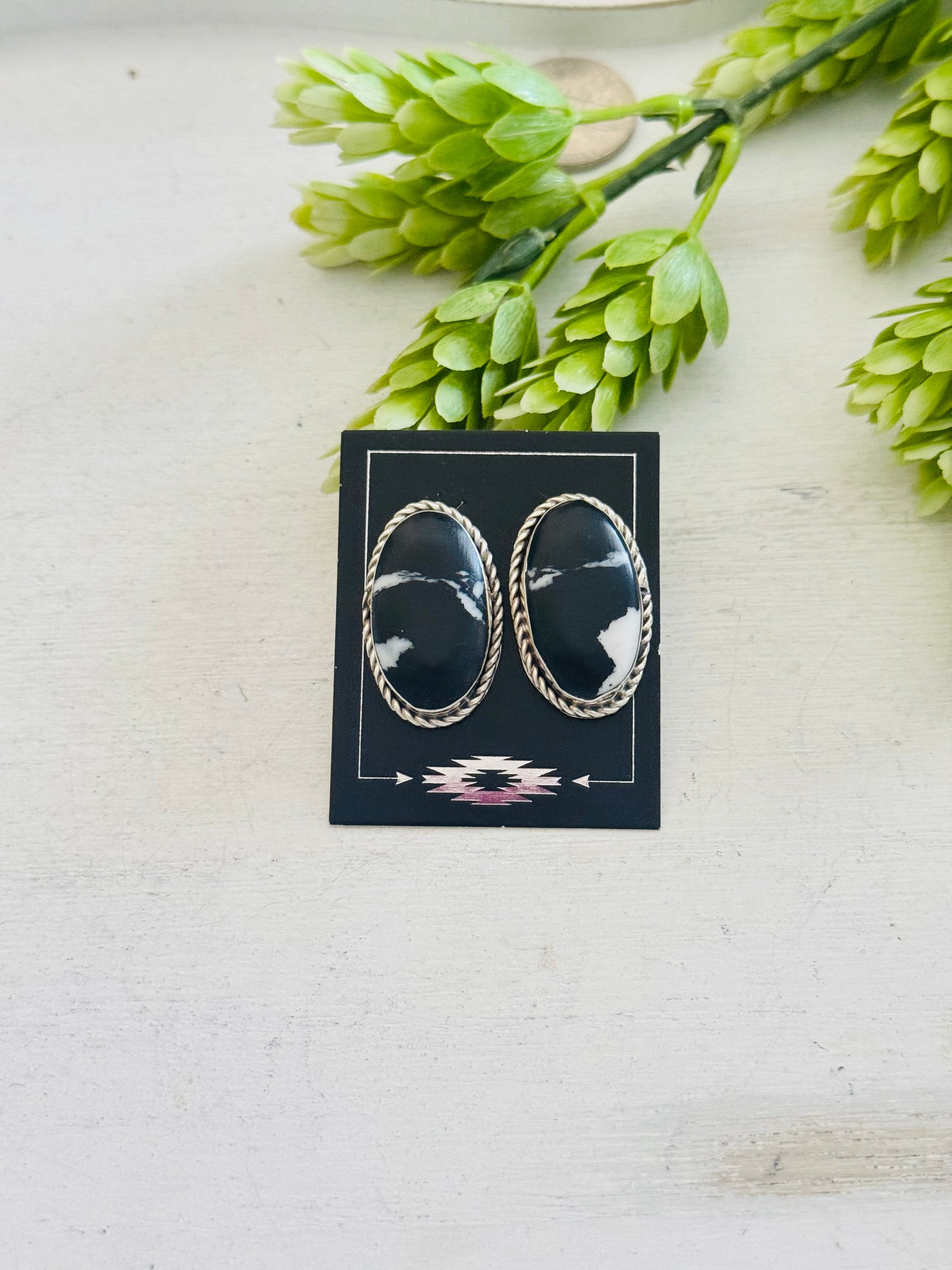 Navajo Made White Buffalo & Sterling Silver Post Earrings