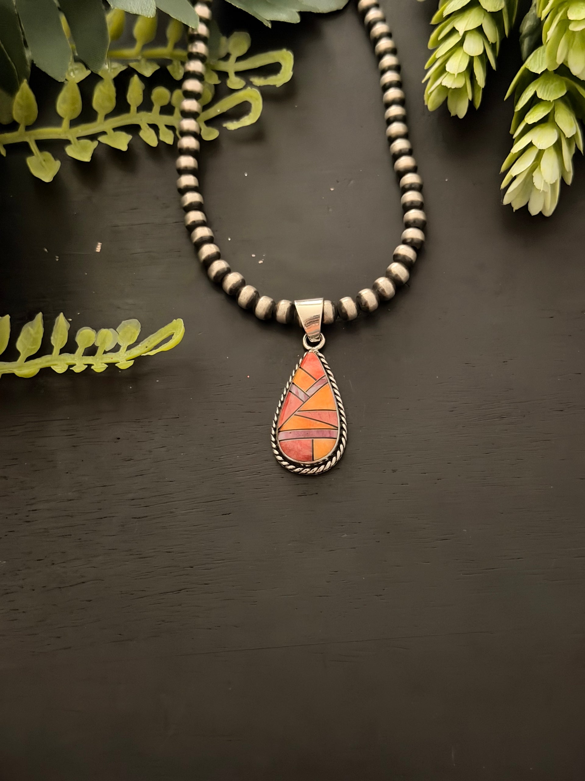Navajo Made Multi Stone & Sterling Silver Inlay Pendant