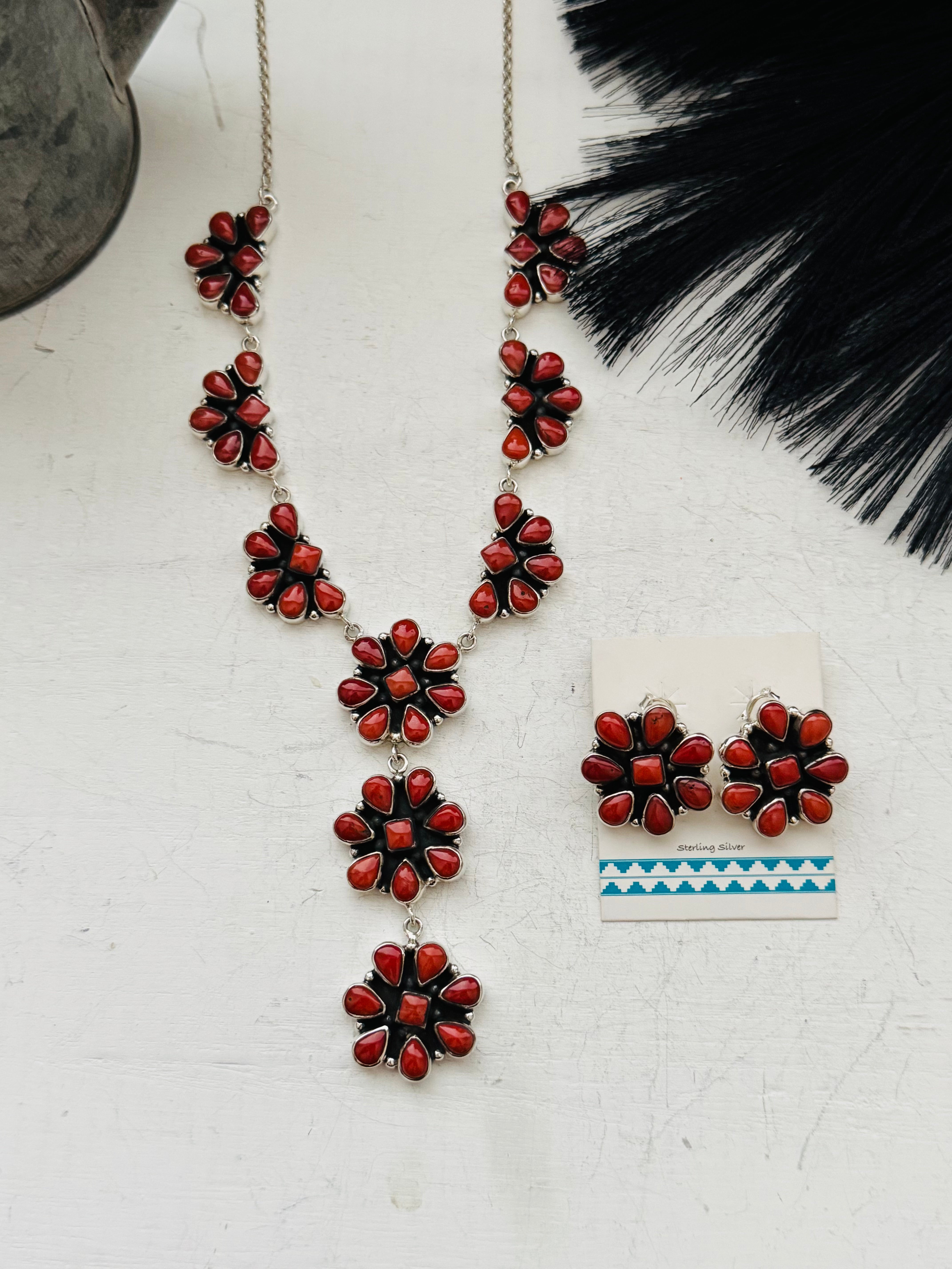 Southwest Handmade Coral & Sterling Silver Cluster Lariat Necklace Set