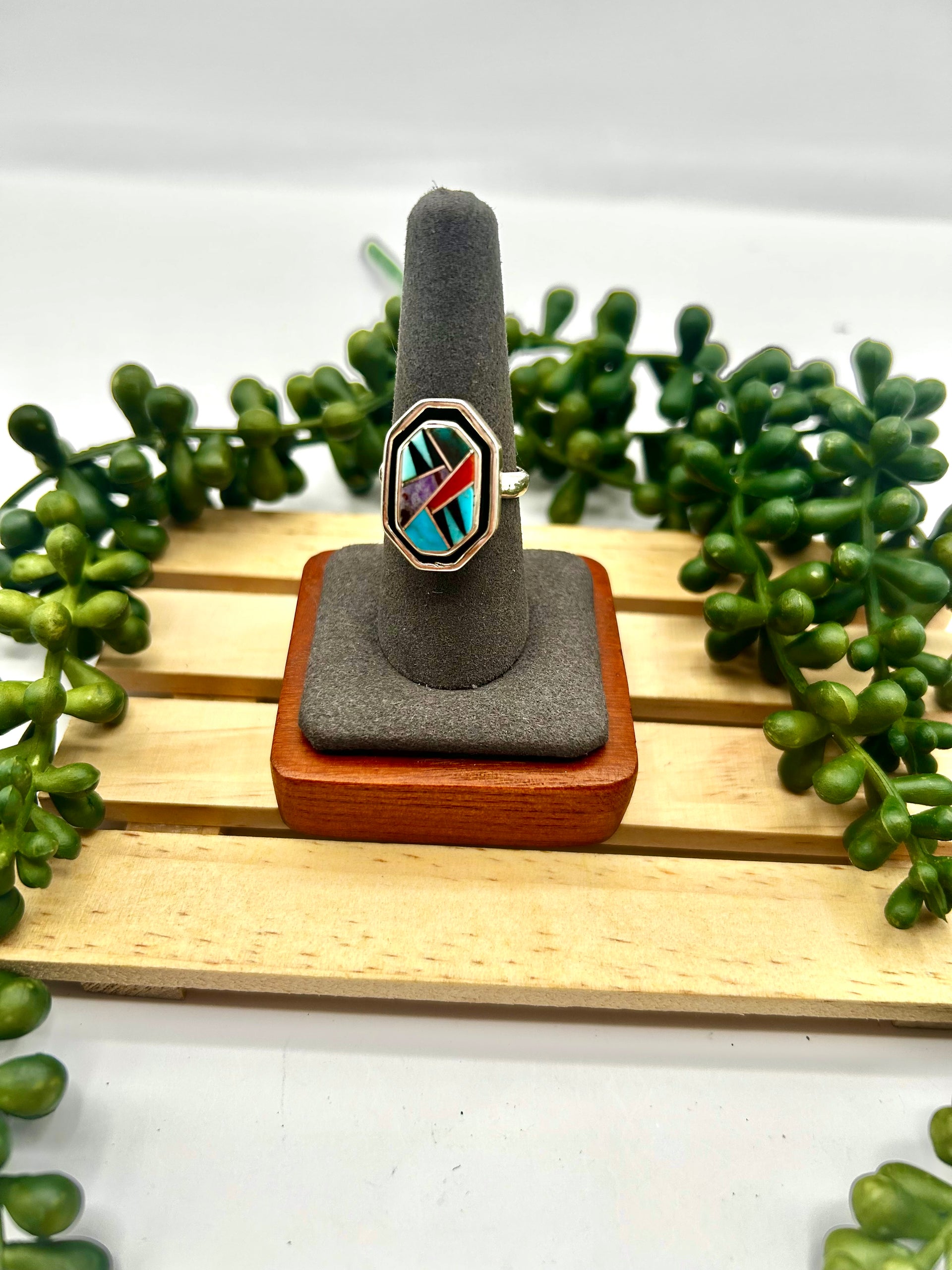 Old Pawn Navajo Made Multi Stone & Sterling Silver Ring Size 8.25