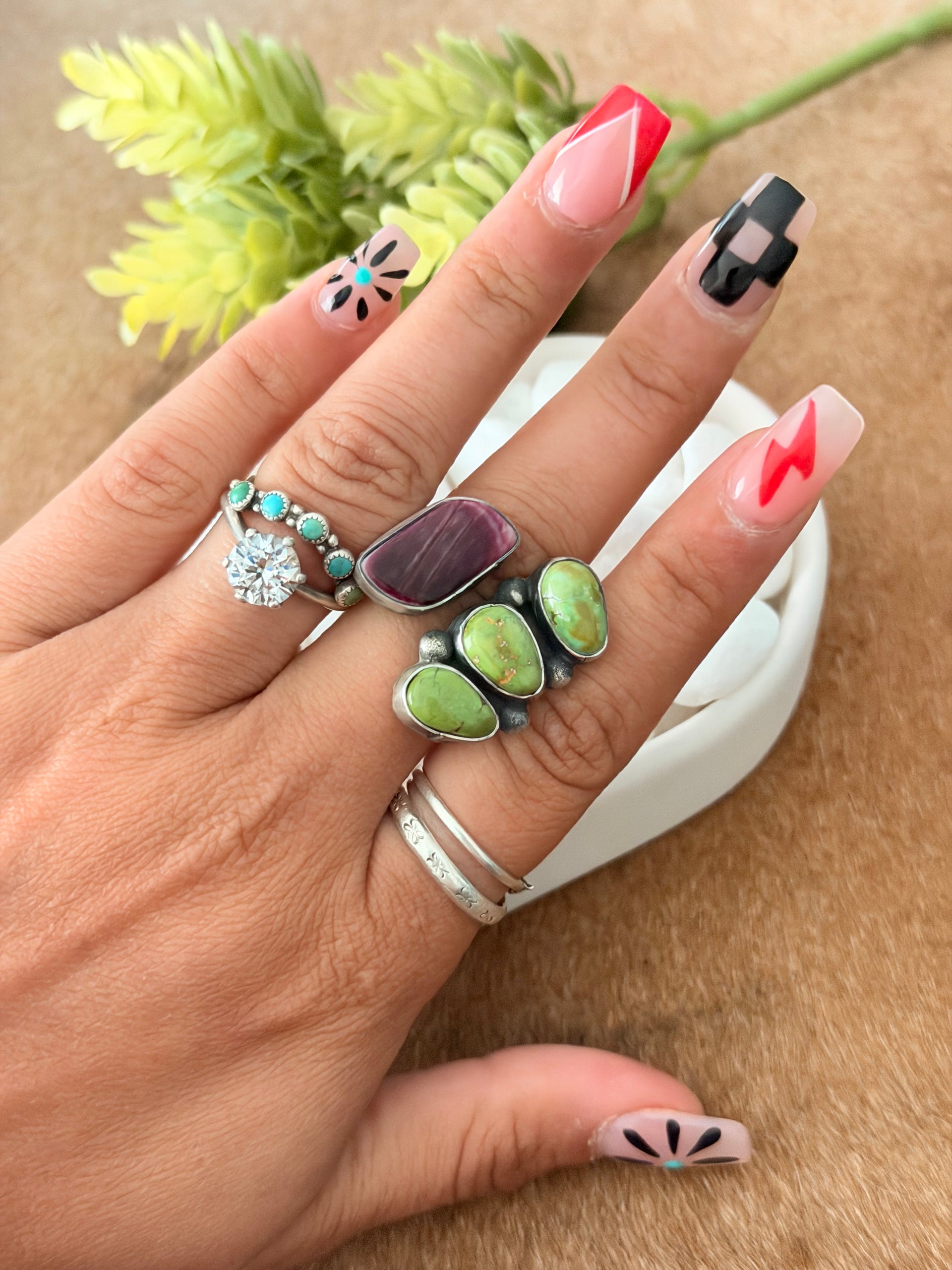 Rena Shelly Multi Stone & Sterling Silver Adjustable Cluster Ring