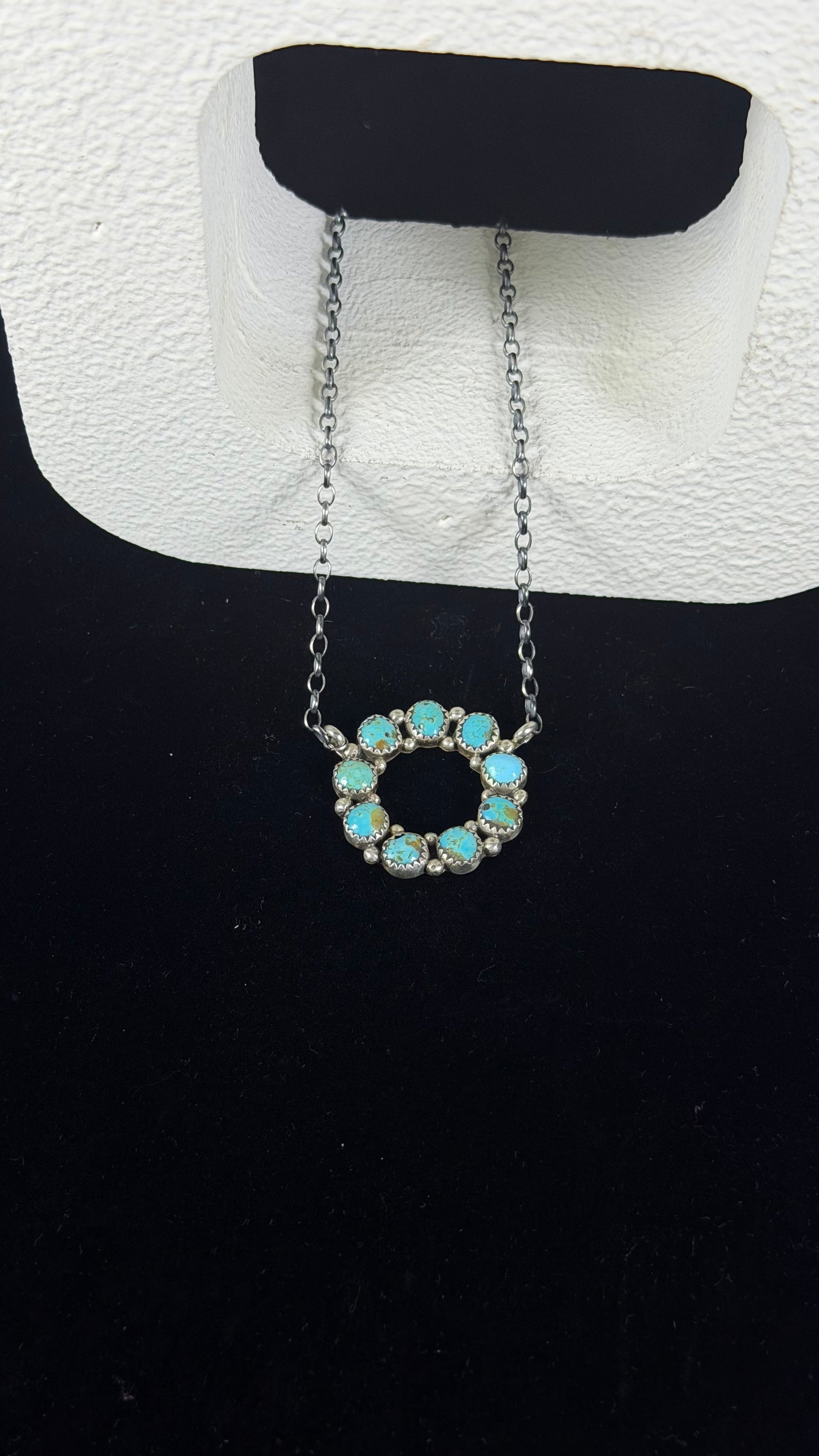Navajo Made Kingman Turquoise & Sterling Silver Cluster Necklace