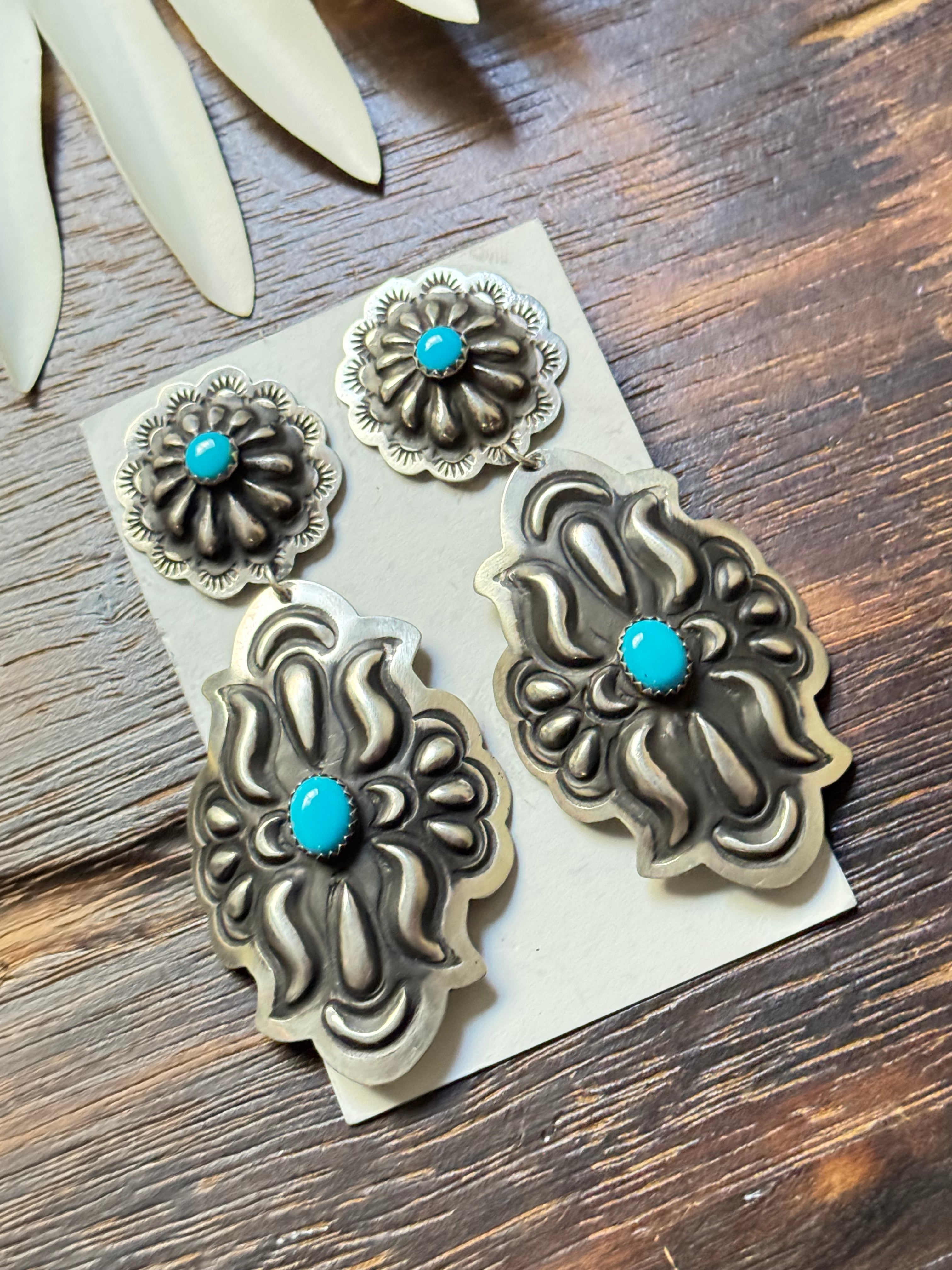 Leander Tahe Kingman Turquoise & Sterling Silver Dangle Earrings