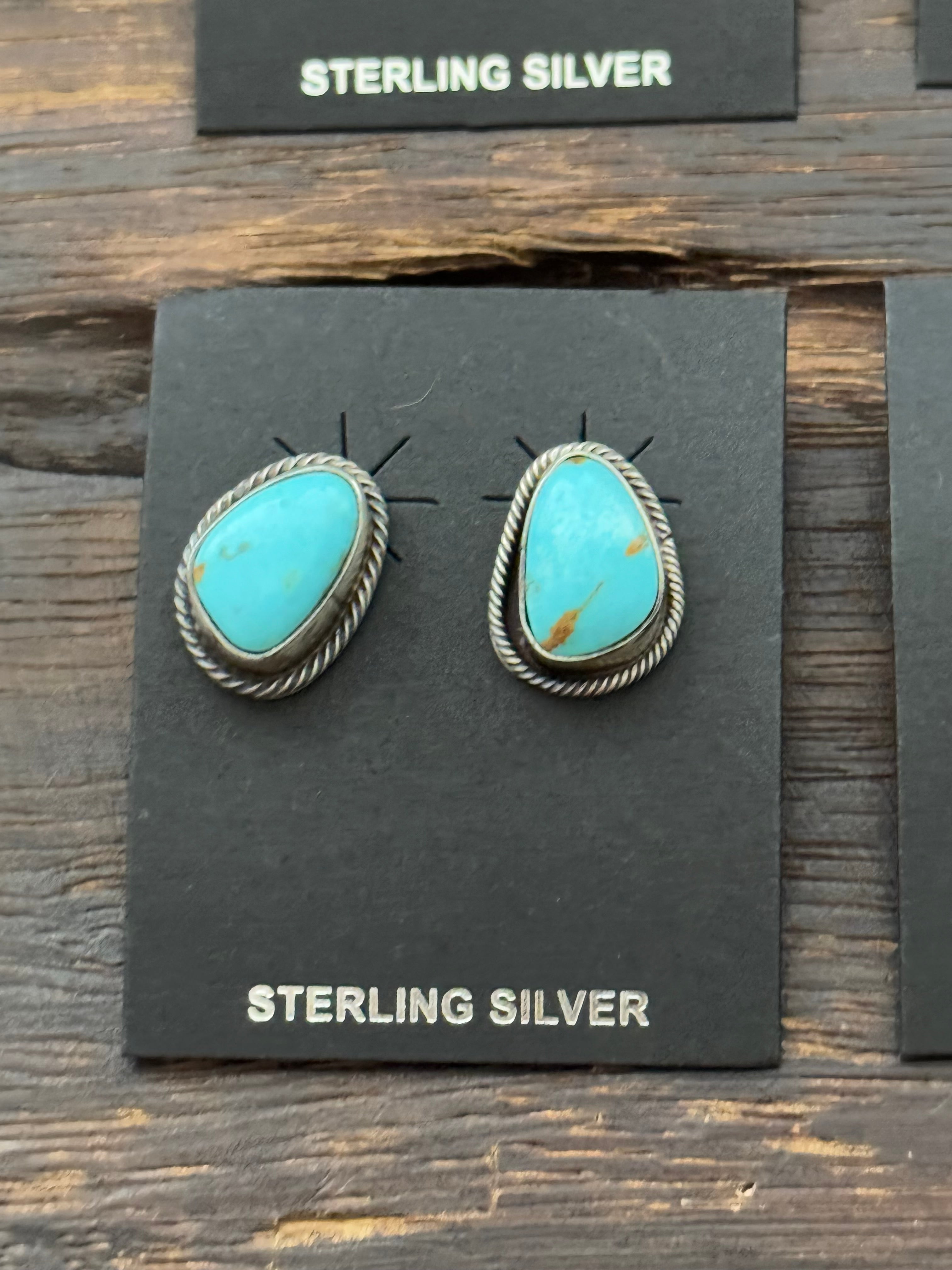 Navajo Made Kingman Turquoise & Sterling Silver Post Earrings