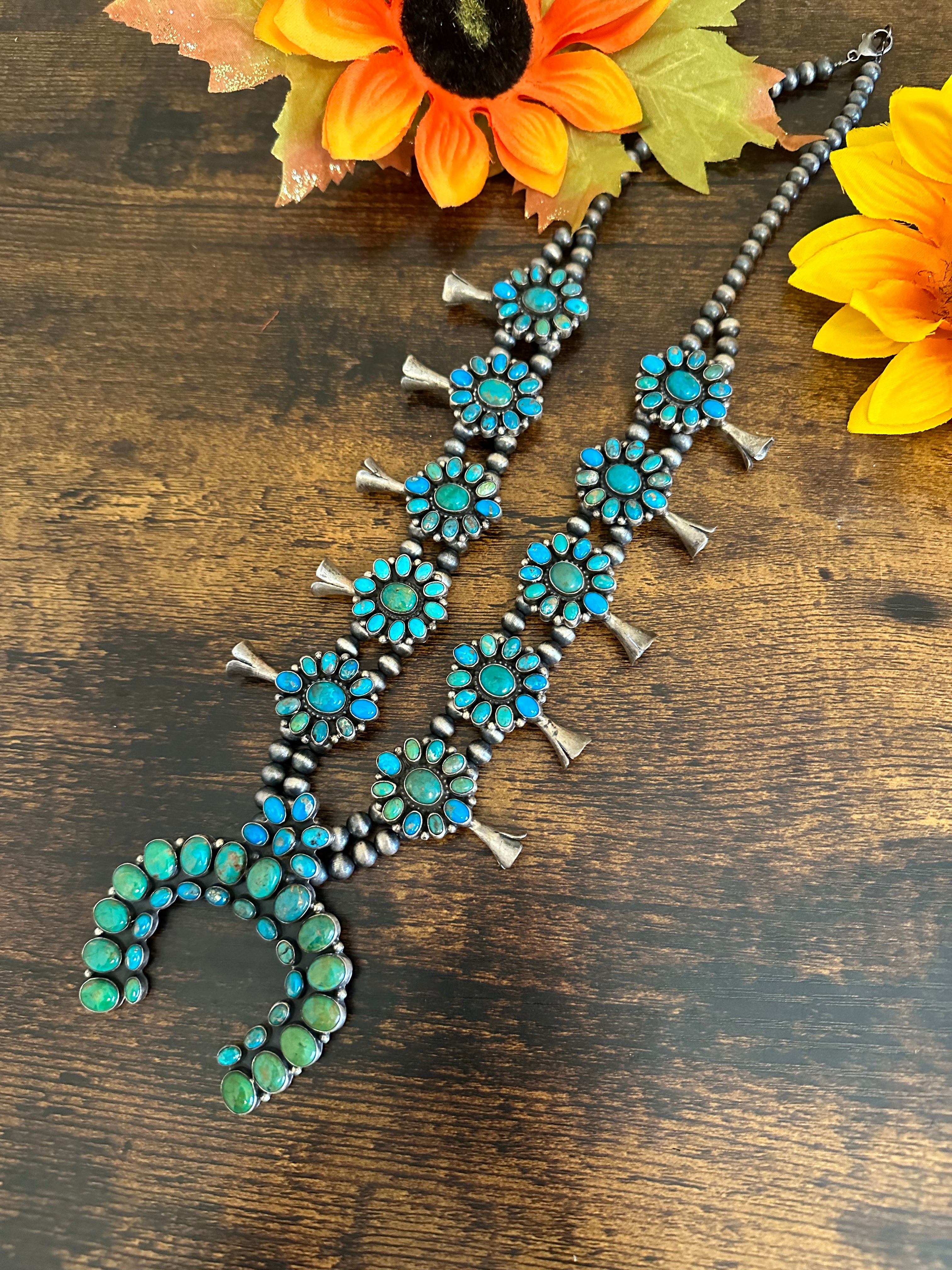 Navajo Made Royston Turquoise & Sterling Silver Squash Blossom Necklace Set