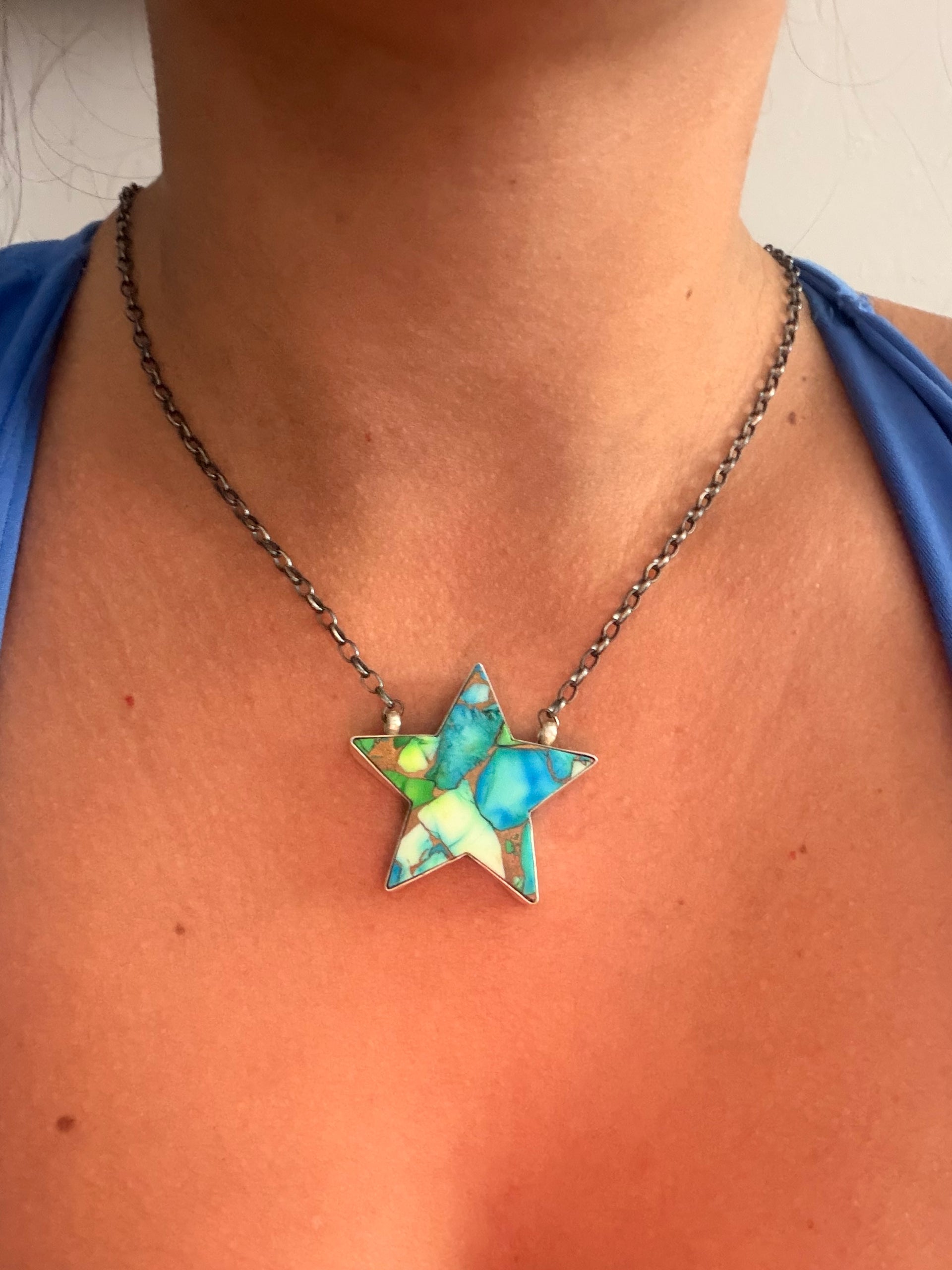Johnny Dixon Peacock Dahlia Composite & Sterling Silver Star Necklace