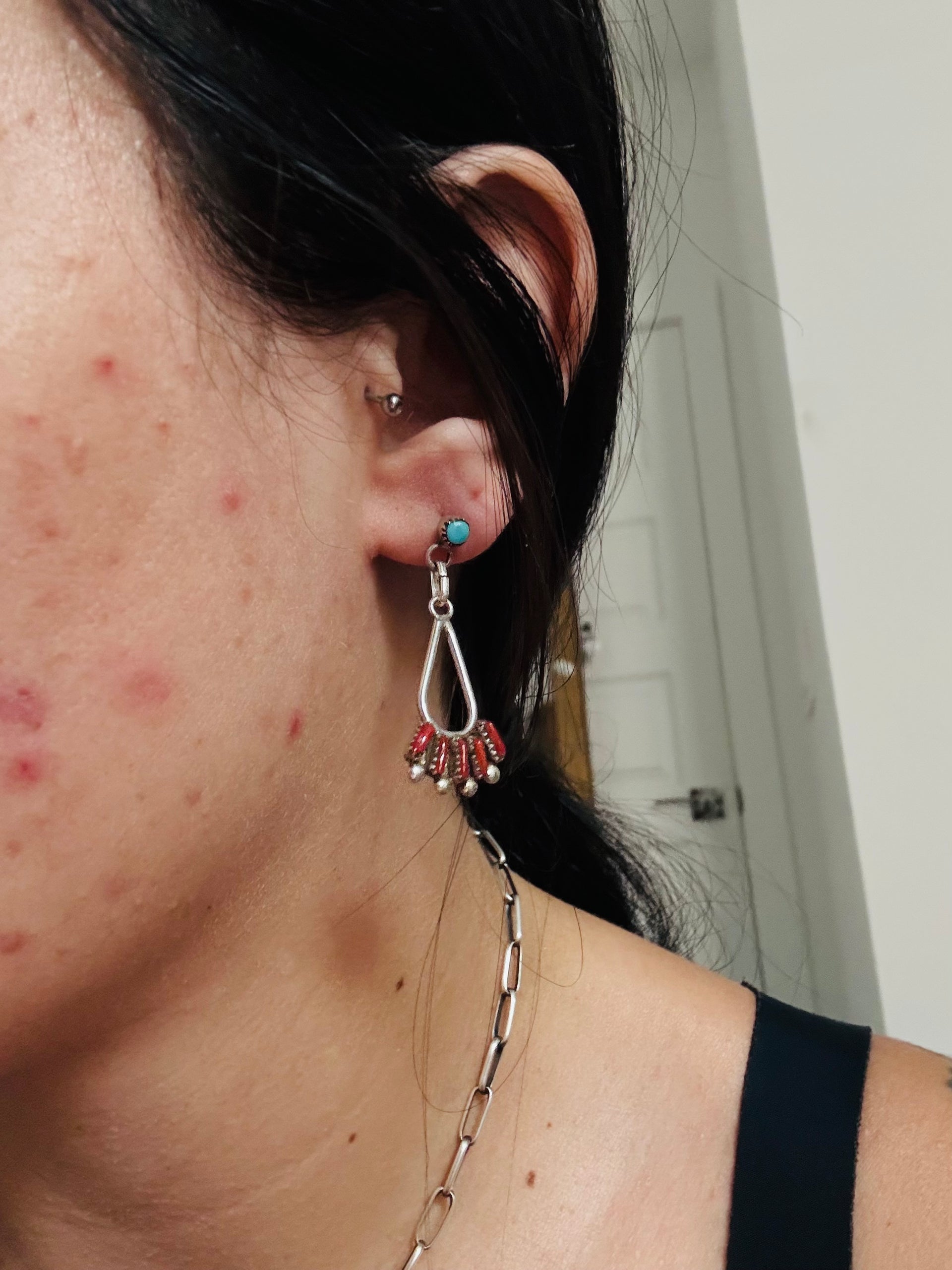 Zuni Made Multi Stone & Sterling Silver Post Dangle Earrings