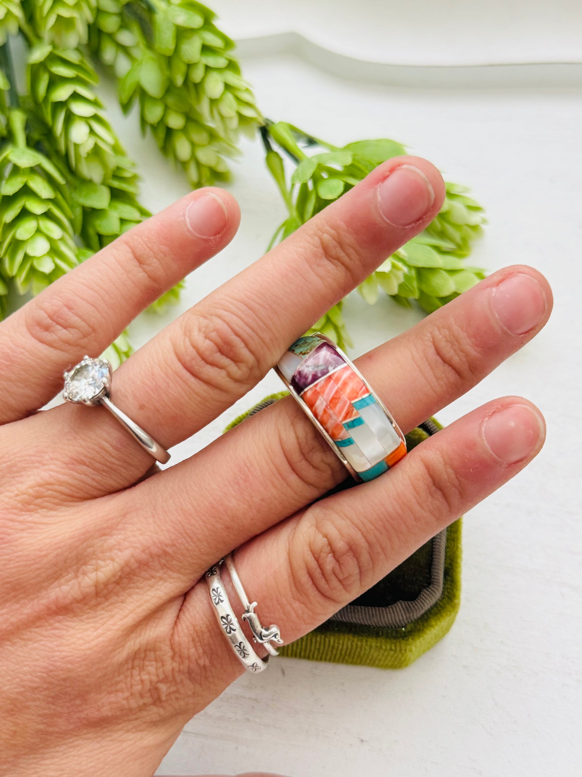 Eugene Chee Multi Stone & Sterling Silver Inlay Ring Size 13