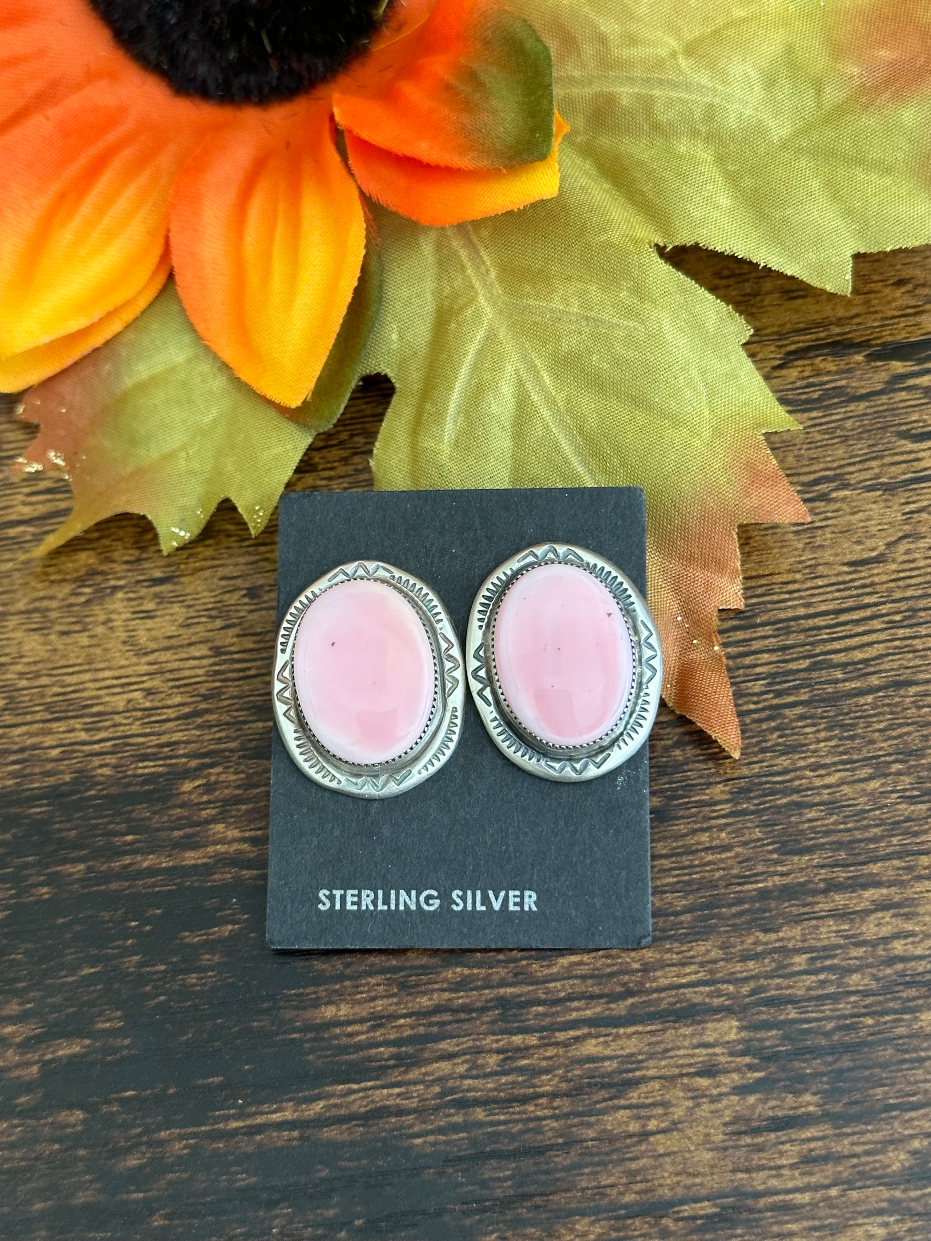 Navajo Made Pink Conch & Sterling Silver Post Earrings