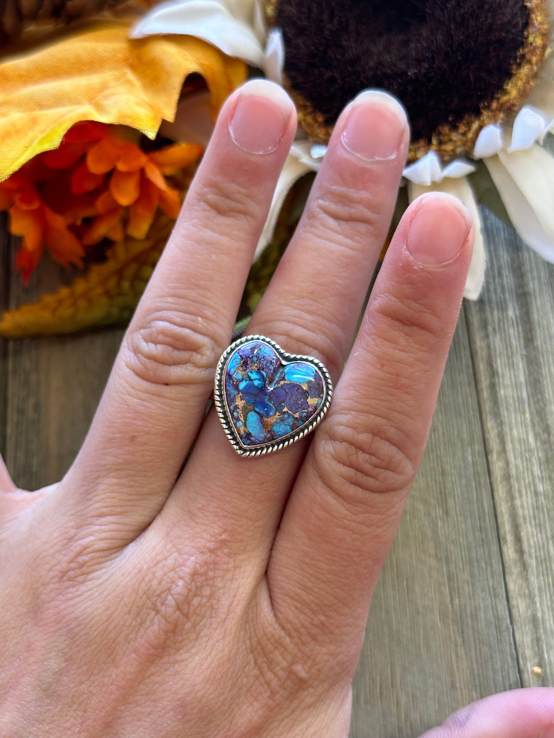 Southwest Handmade Mohave Turquoise & Sterling Silver Adjustable Heart Ring