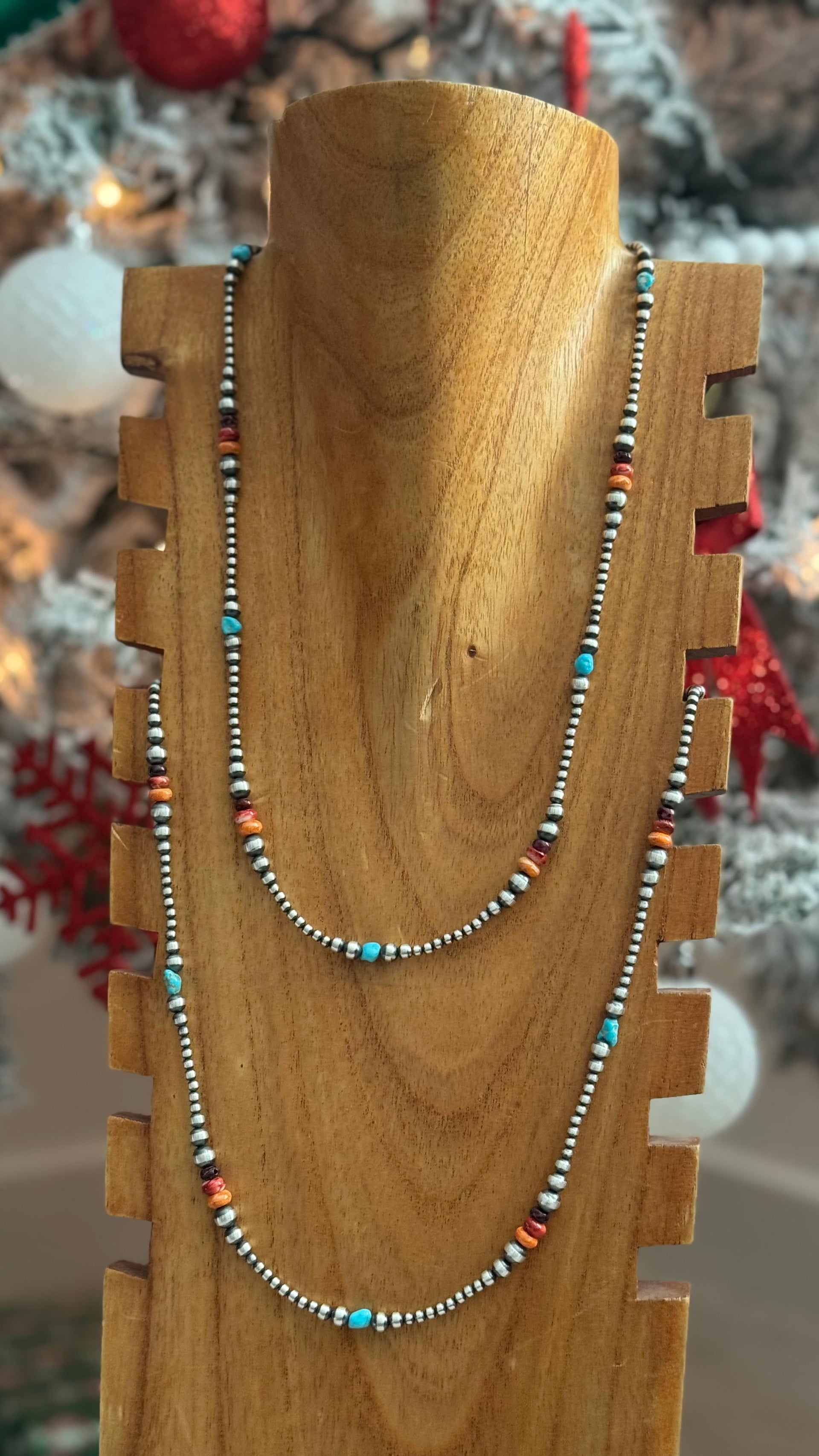 Navajo Strung Multi Stone & Sterling Silver Graduated Pearl Necklace