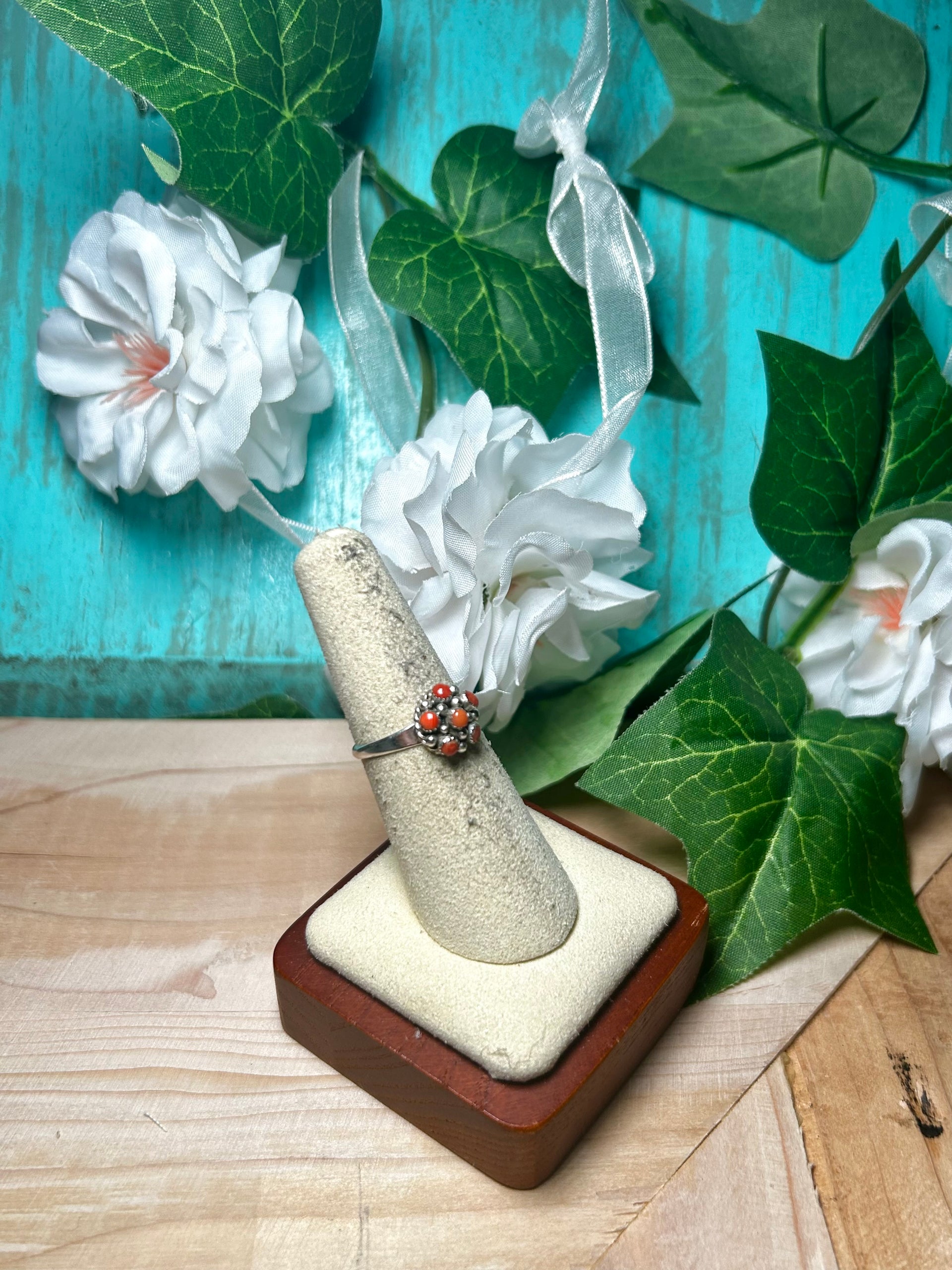 Navajo Made Red Coral & Sterling Silver Ring