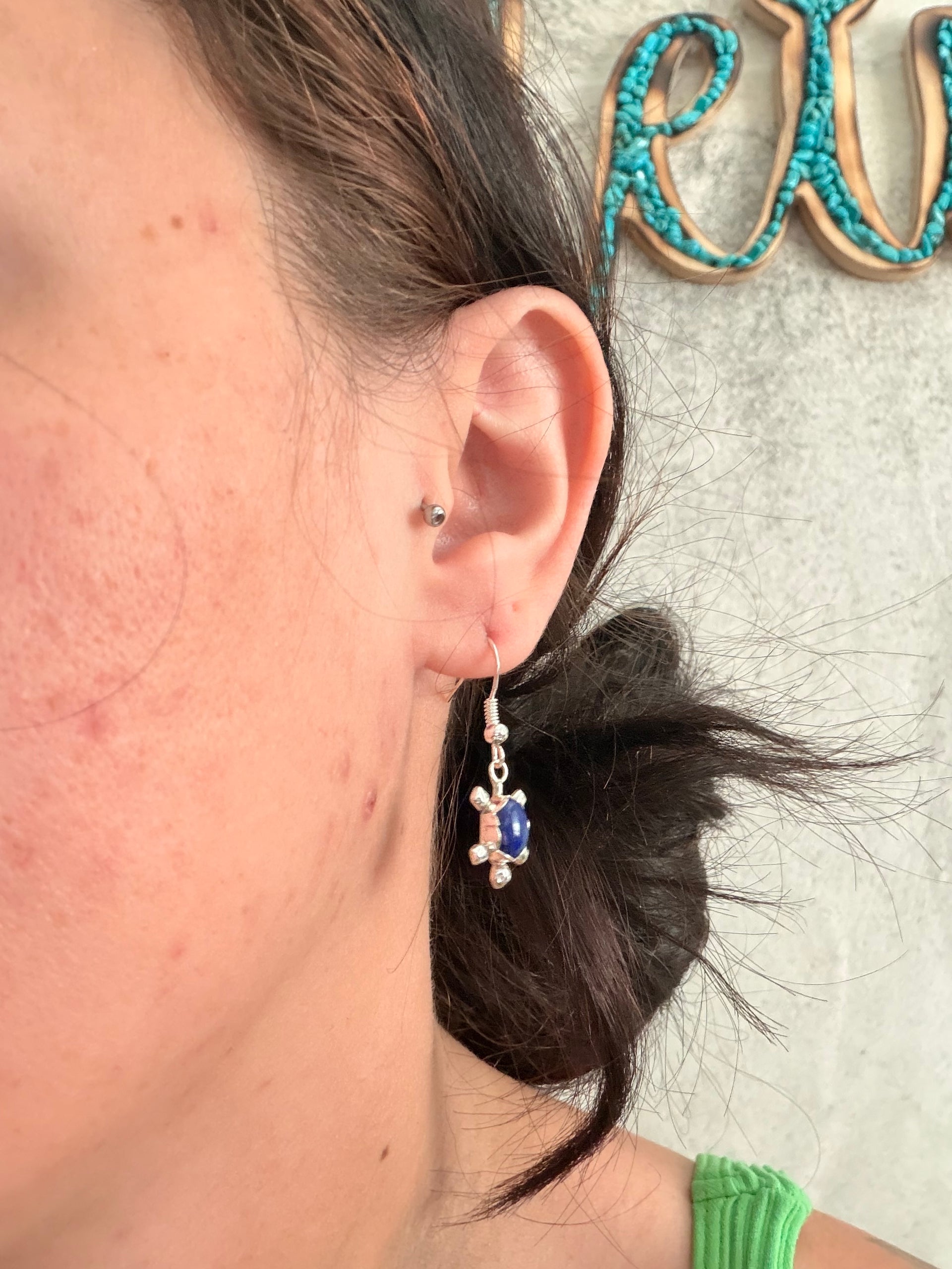 Navajo Made Lapis & Sterling Silver Turtle Dangle Earrings