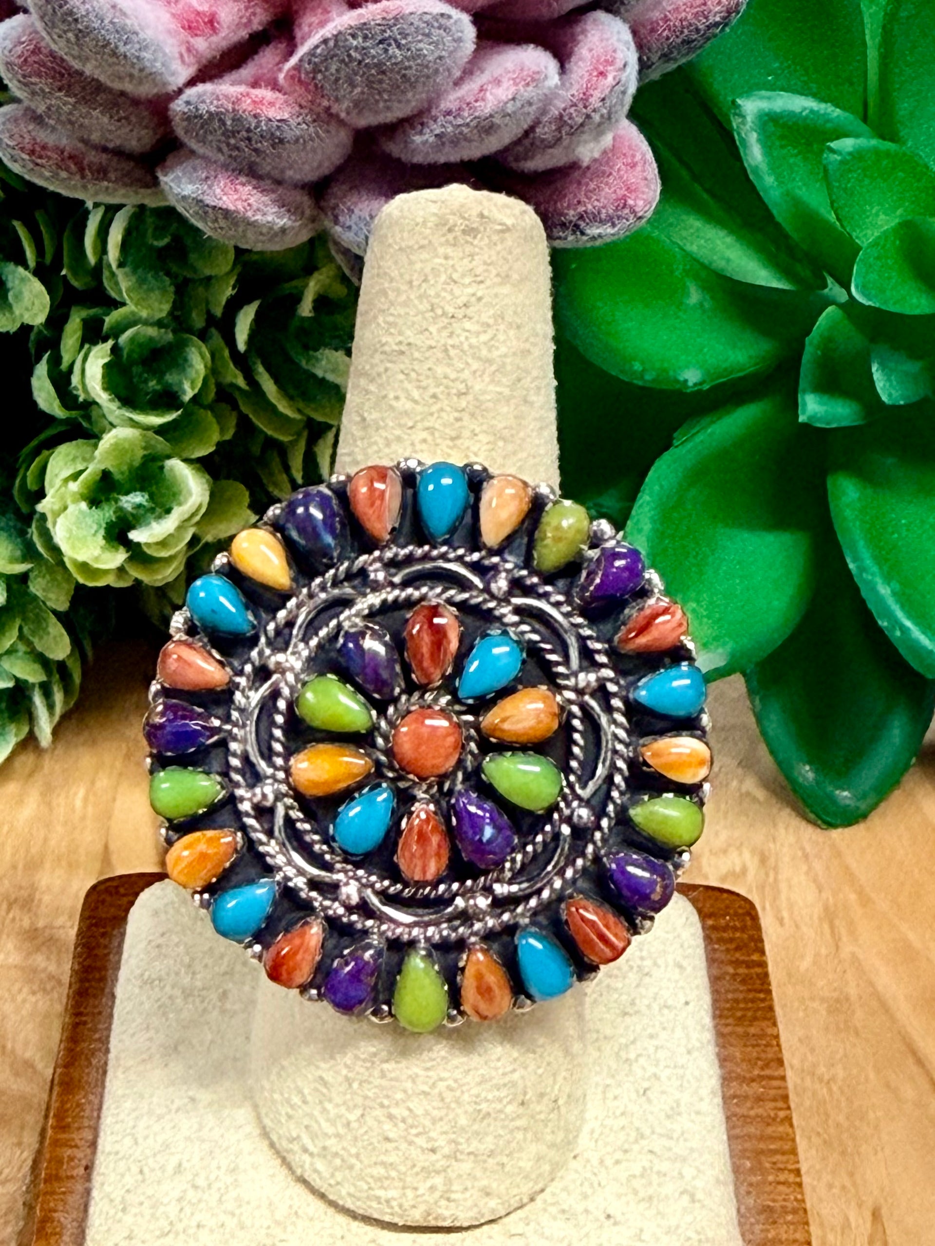 Southwest Handmade Multi Stone & Sterling Silver Ring Size 9