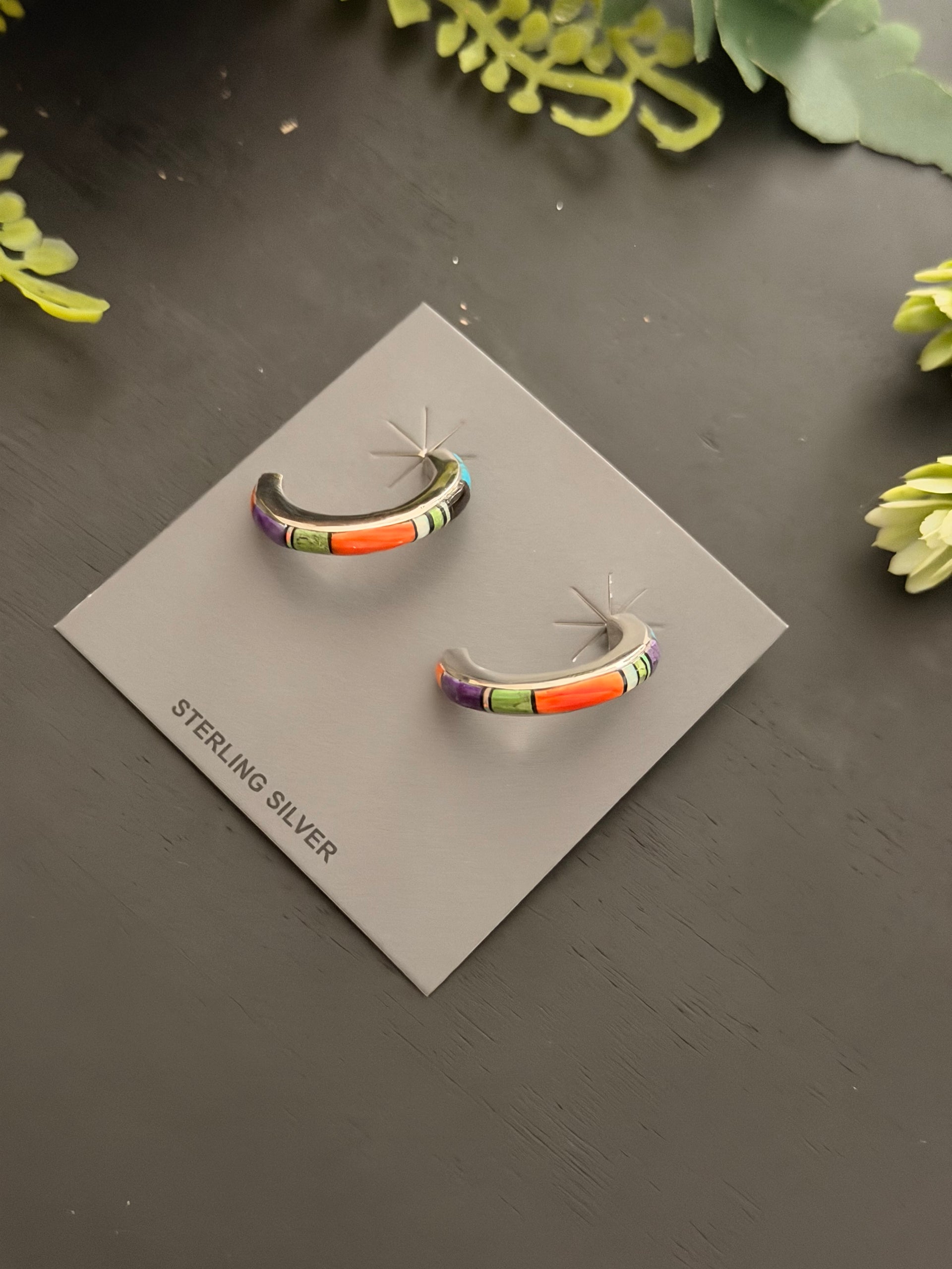 Navajo Made Multi Stone & Sterling Silver Inlay Post Hoop Earrings