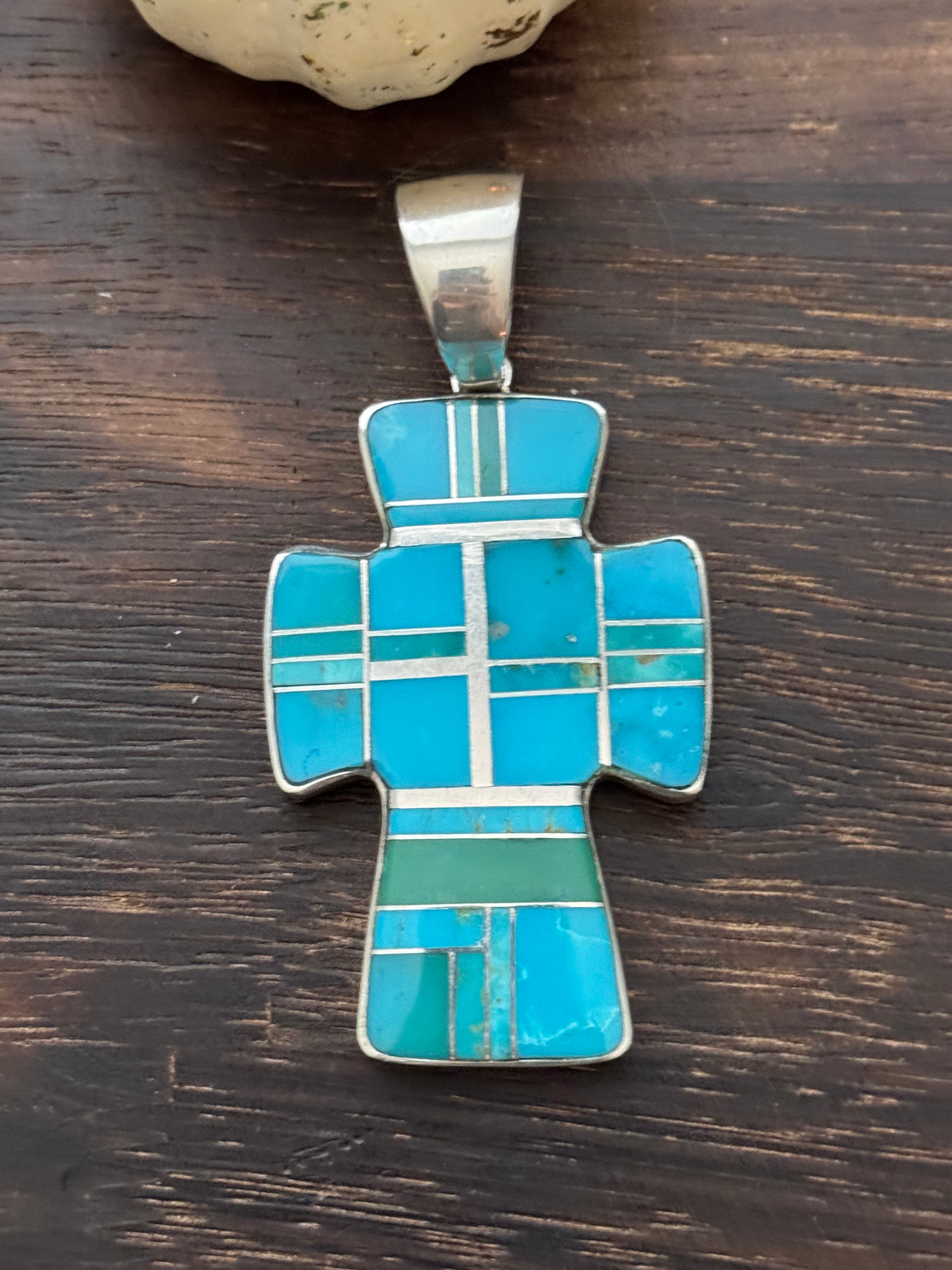 Navajo Made Multi Turquoise & Sterling Silver Cross Inlay Pendant