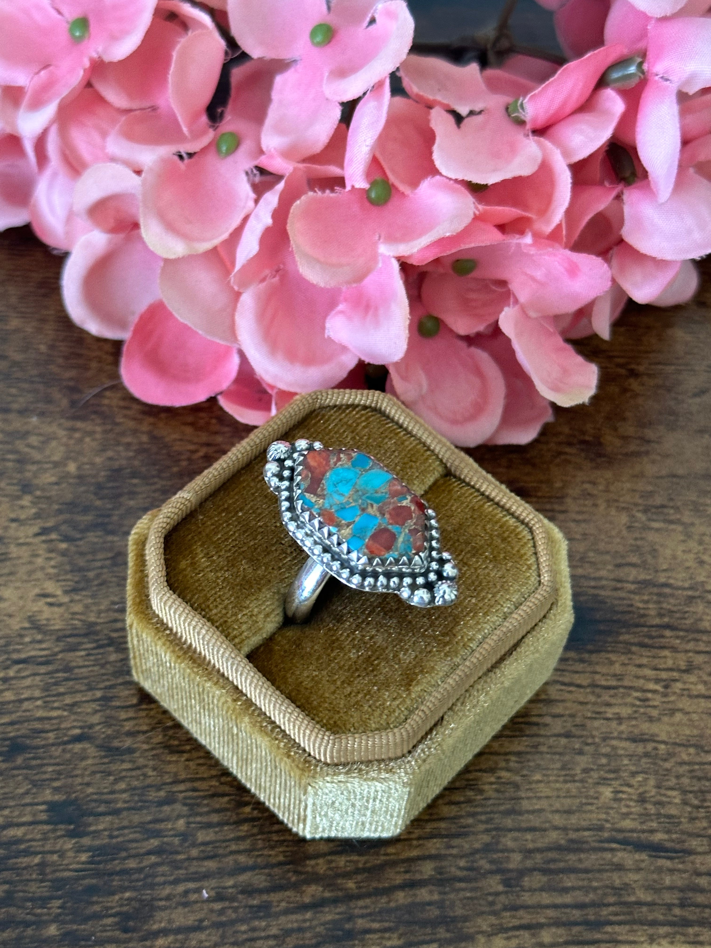 Southwest Handmade Red Mohave Turquoise & Sterling Silver Ring Size 8.25